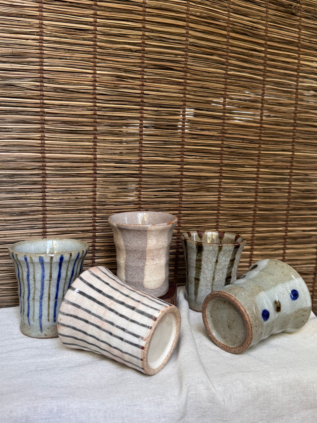 Multi Cups by K. Chikazawa — Boxed Set of 5 Hand-Thrown Yunomi, Mismatched Glaze Designs
