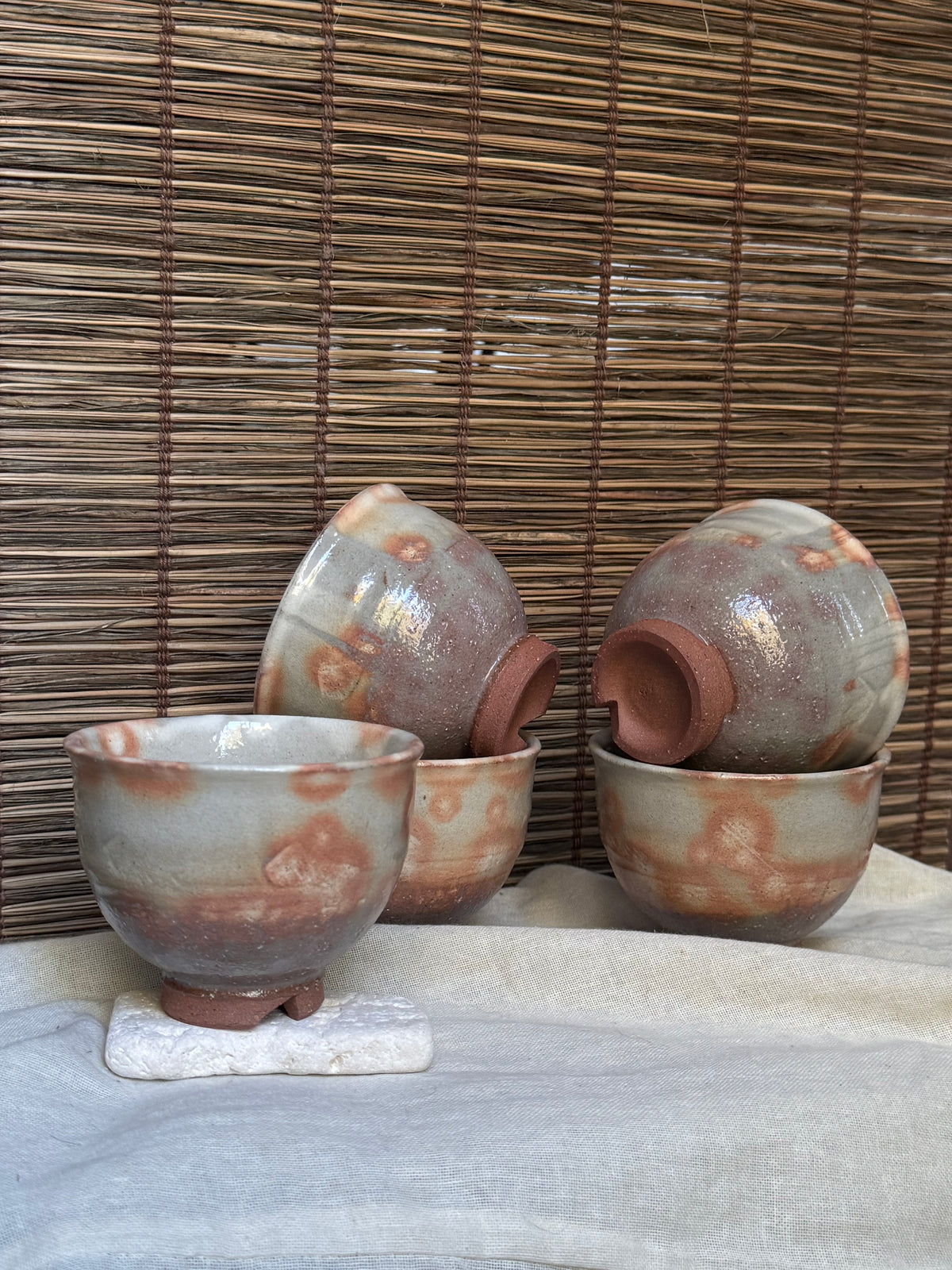 Hagi Ware Kumidashi Teacups, Set of 5 — Gohon Spots, Cut Foot, Signed Wooden Box