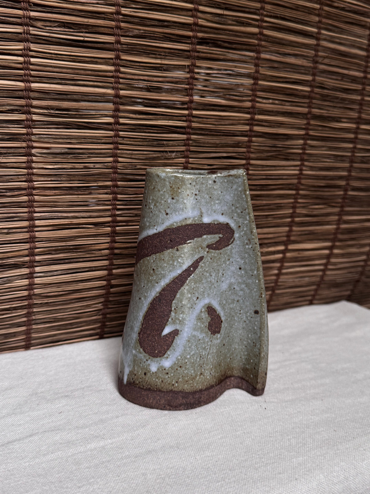 Japanese Speckled Ash Glaze Stoneware with Iron Brush Vase