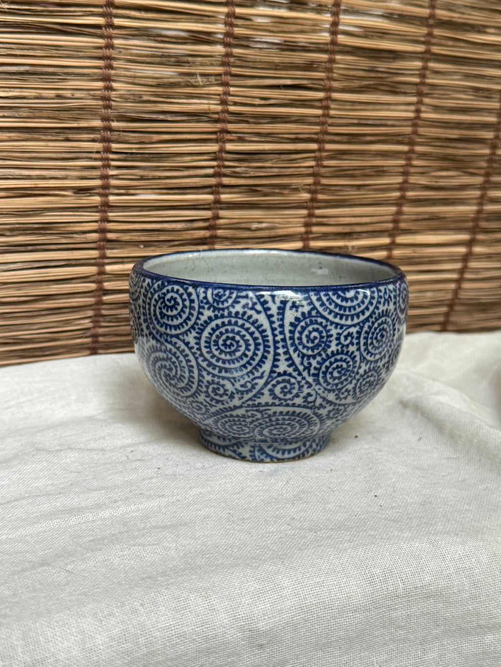 Japanese Mini Chawan - Dense Karakusa Scroll Pattern, Cobalt Blue Underglaze