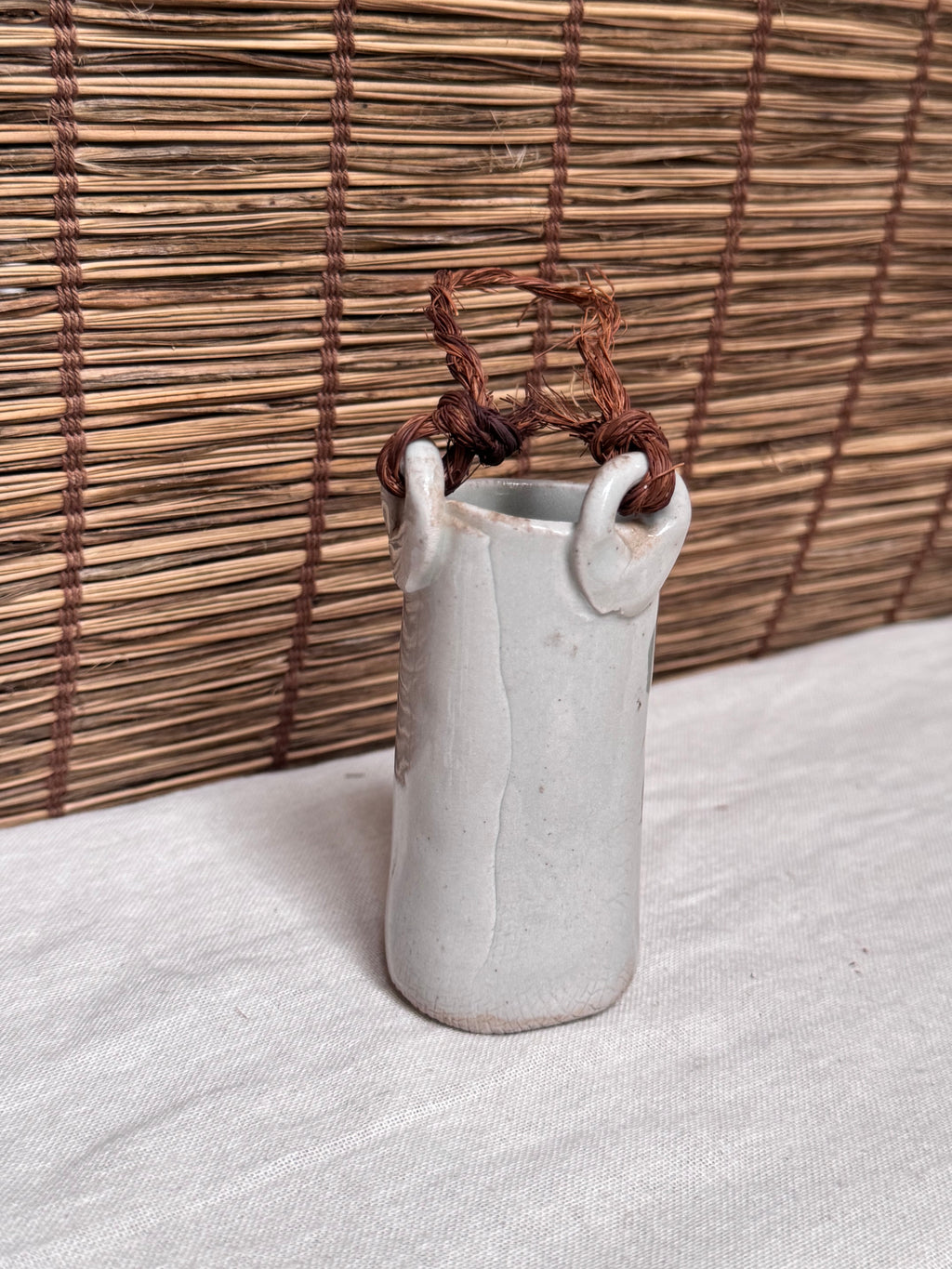 Japanese Mini Hanging Vase with Hand-Painted Leaf and Stripe Design