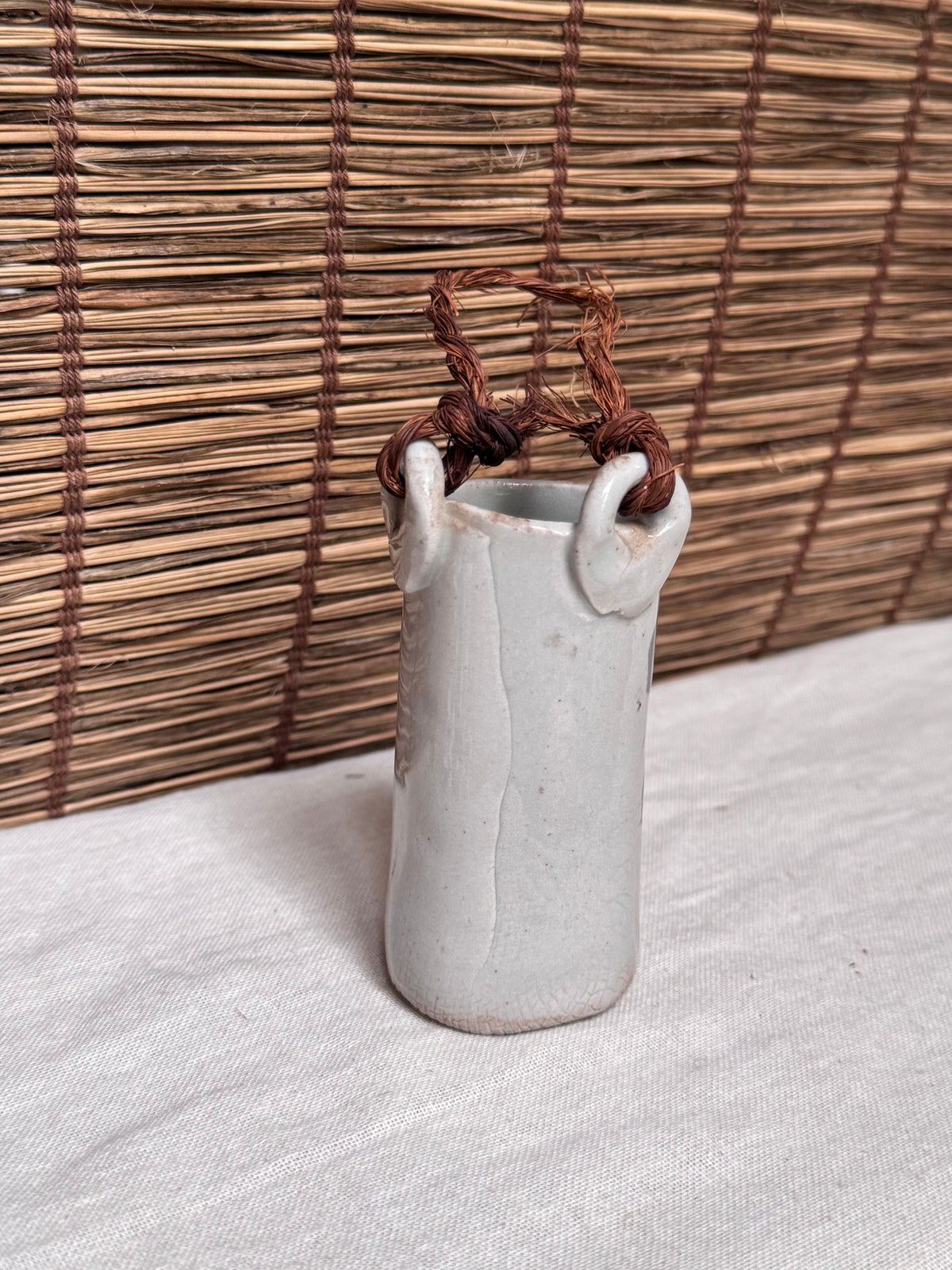 Japanese Mini Hanging Vase with Hand-Painted Leaf and Stripe Design
