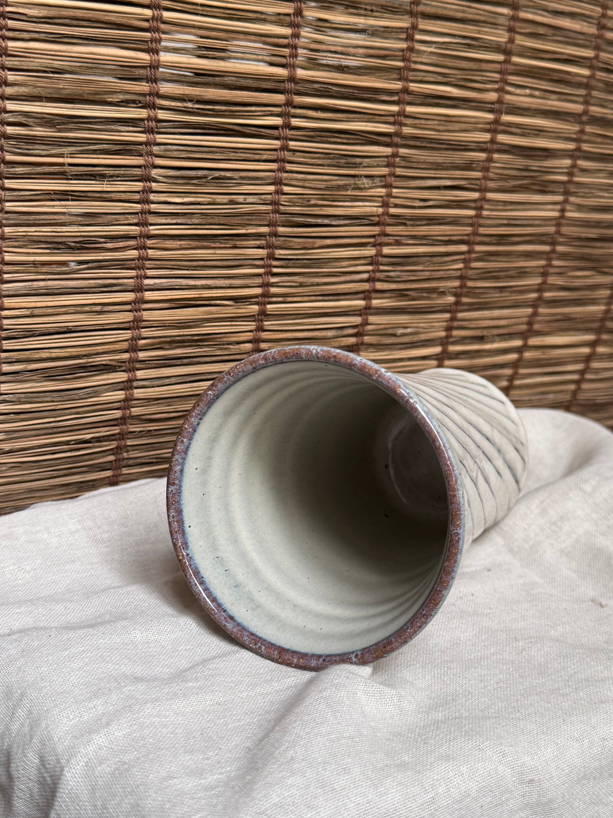Japanese Tumbler, Carved Diagonal Line Design, Ash Glaze