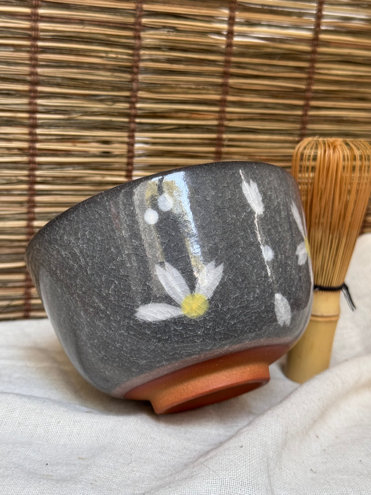 Celadon Matcha Bowl (Chawan) — Sakura Blossoms, Grey Crackle Glaze, Pink Interior