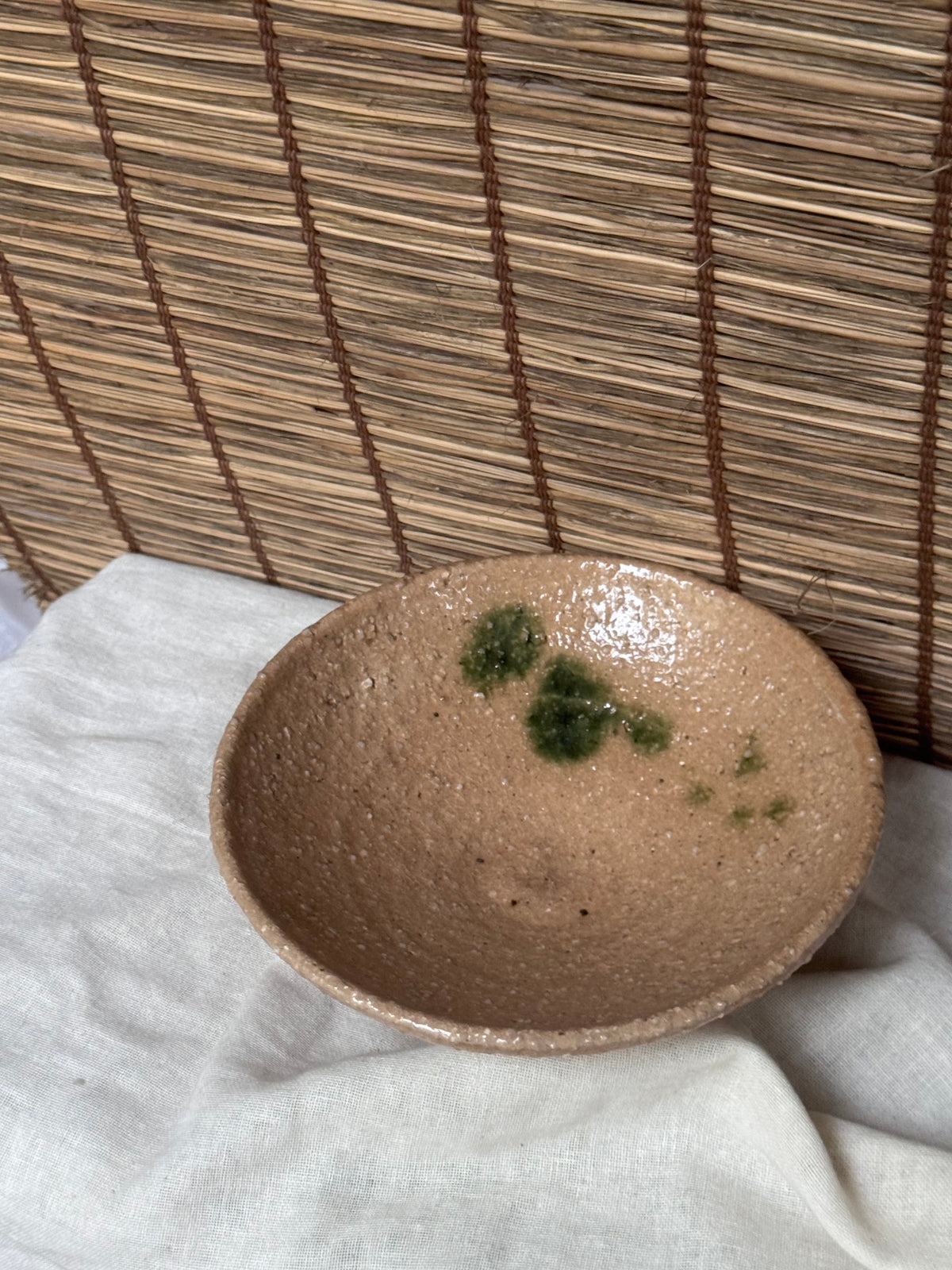 Ki-Seto Style Bowl — Coarse Stoneware with Copper-Green "Tanpan" Accents