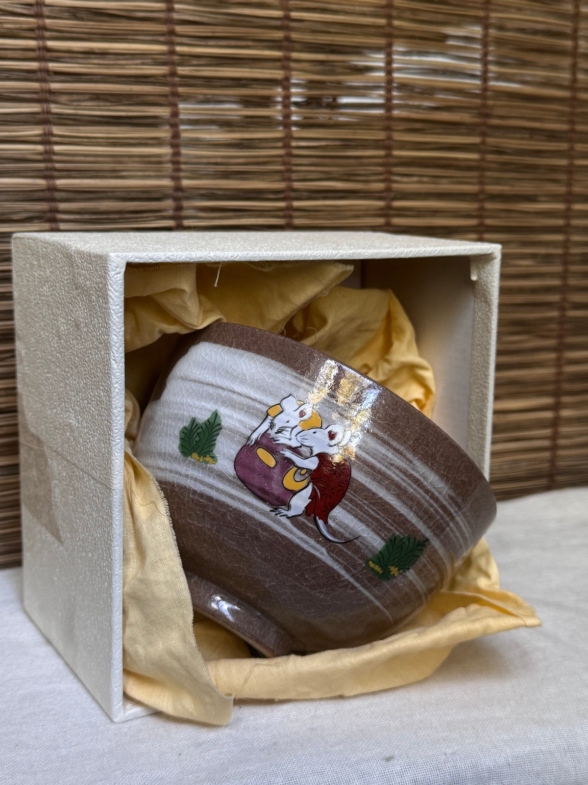 Kyoto Ware Zodiac Tea Bowl (Eto Chawan) — Daikoku's Mice with Lucky Mallet and Treasure Sack, Brushed Slip Swirl