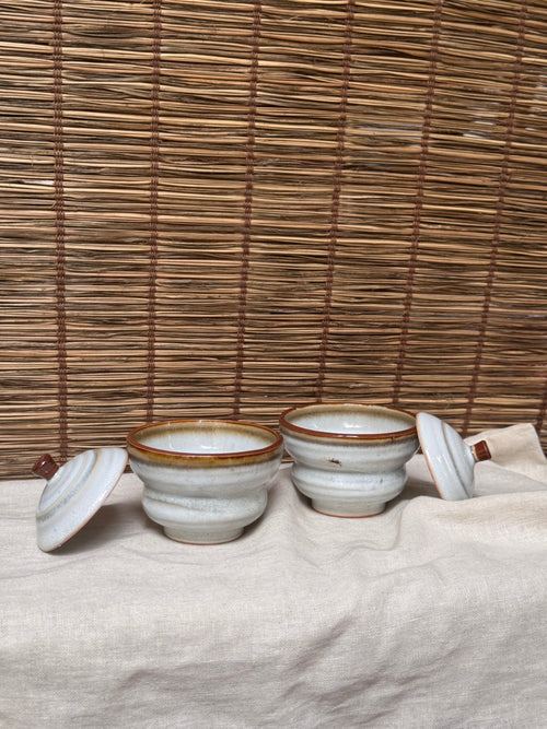 Ame-Glaze Lidded Cups, Pair — Rim Drip, Knob-Lid, Tiered Foot