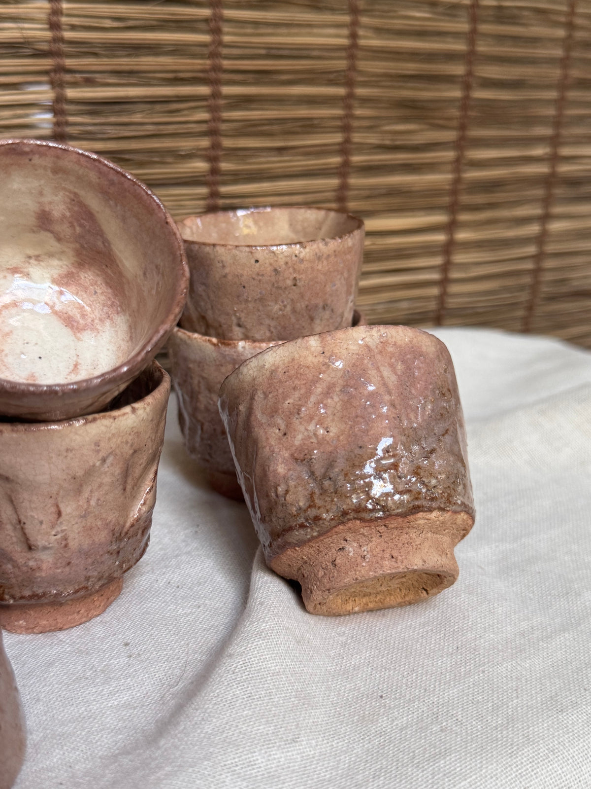 Hagi-yaki Sake Cups, Set of 6 — Blush Pink Ash Glaze, Hand-Built, Unglazed Rim & Foot