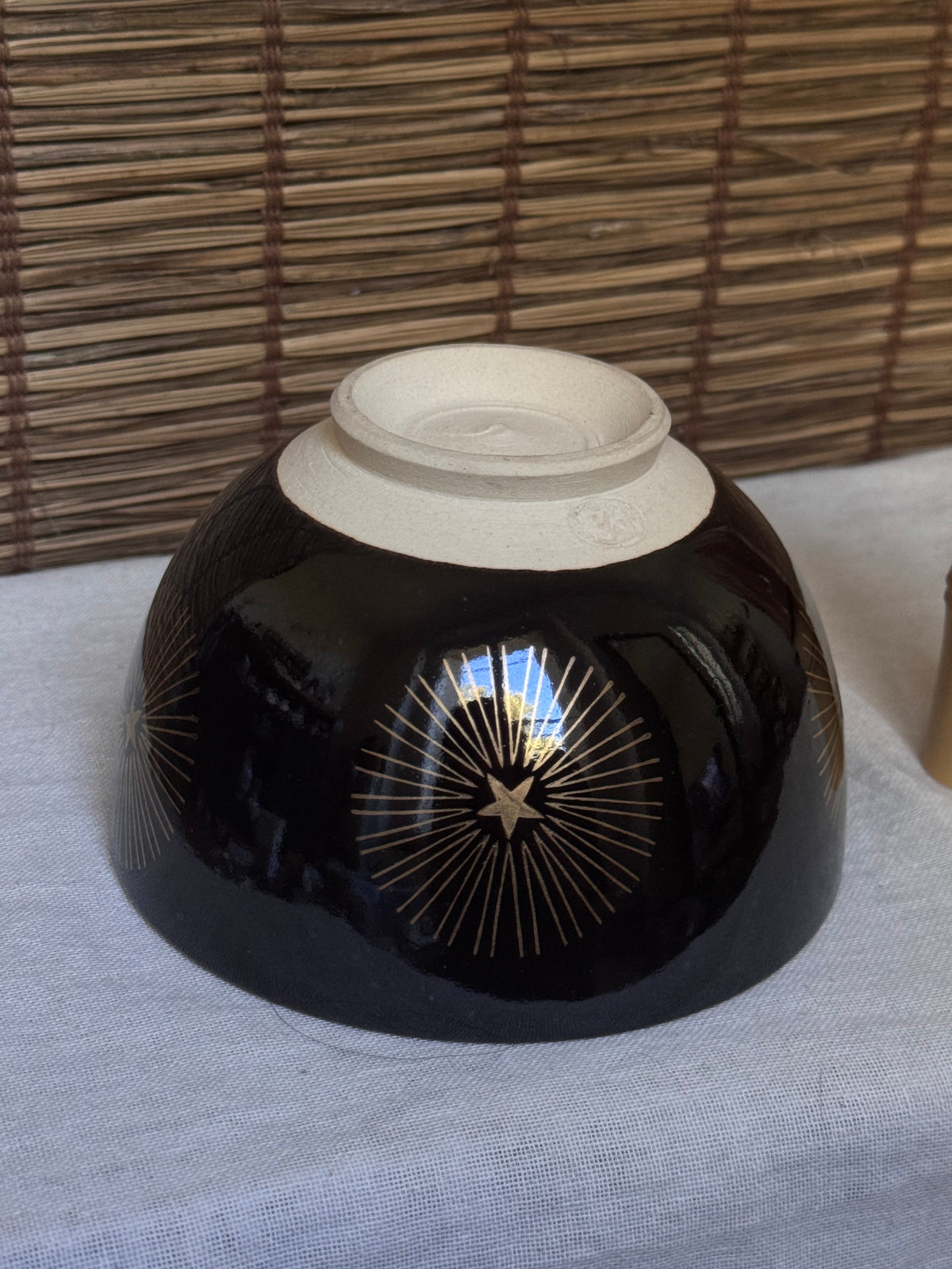 Kyoto Ware Matcha Bowl (Chawan) — Black Glaze, Gold Starburst Motif, Gilded Rim