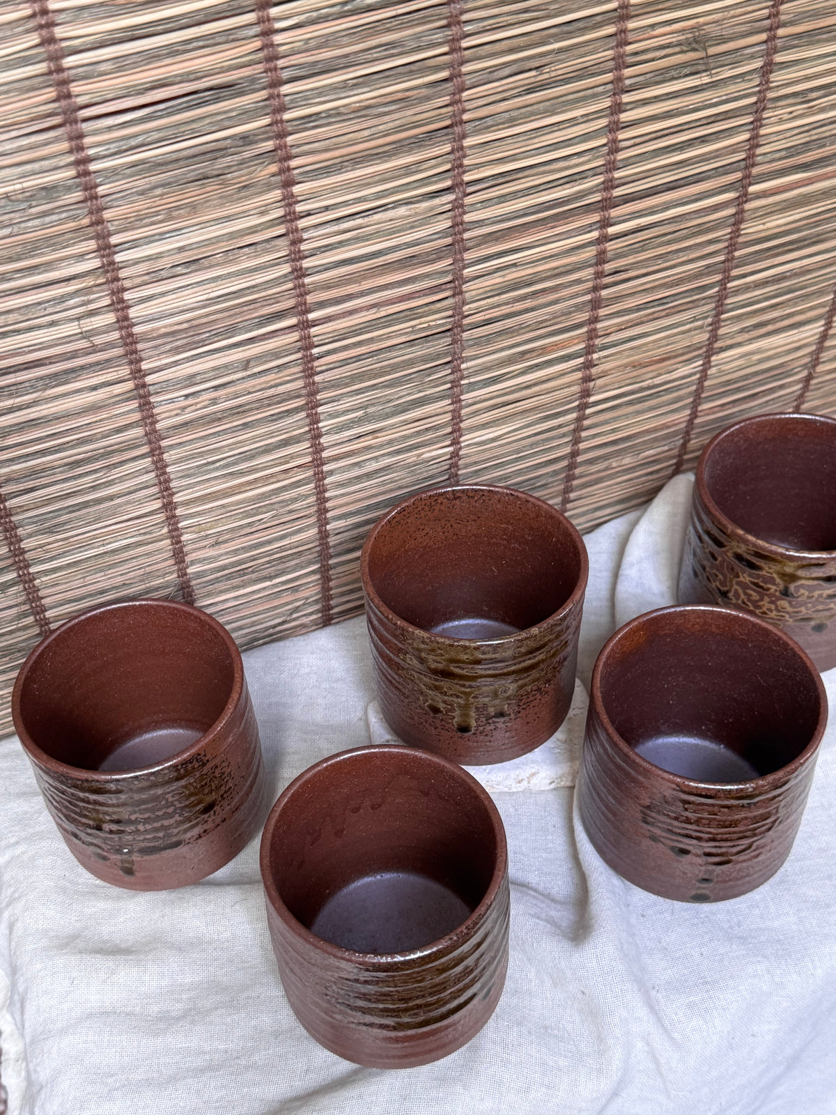 Tamba Ware Teacups (Yunomi), Set of 5 — Olive Ash Glaze Drips, Original Box