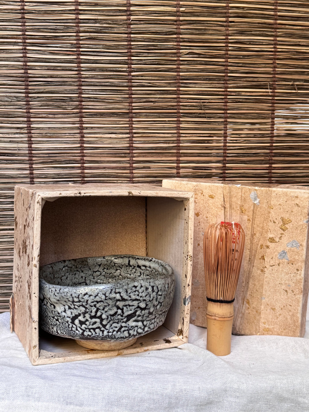 Oni-Hagi Chawan, Hand-Formed — White Crawl Glaze, Paper Box
