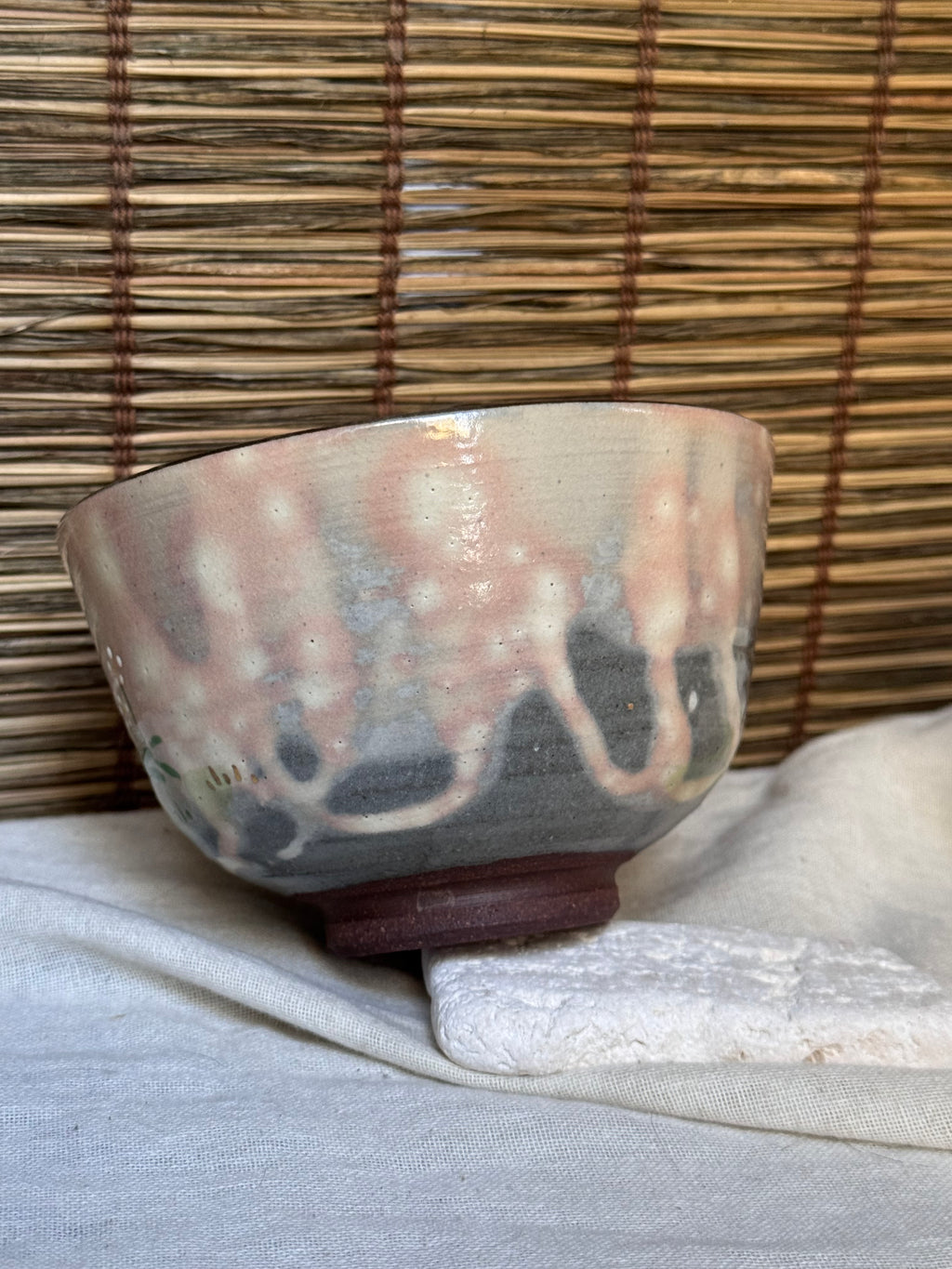 Kyoto Ware Matcha Chawan by Shōkoku (松谷) — Spring Fields in Raised Enamel and Gold, Signed Wooden Box