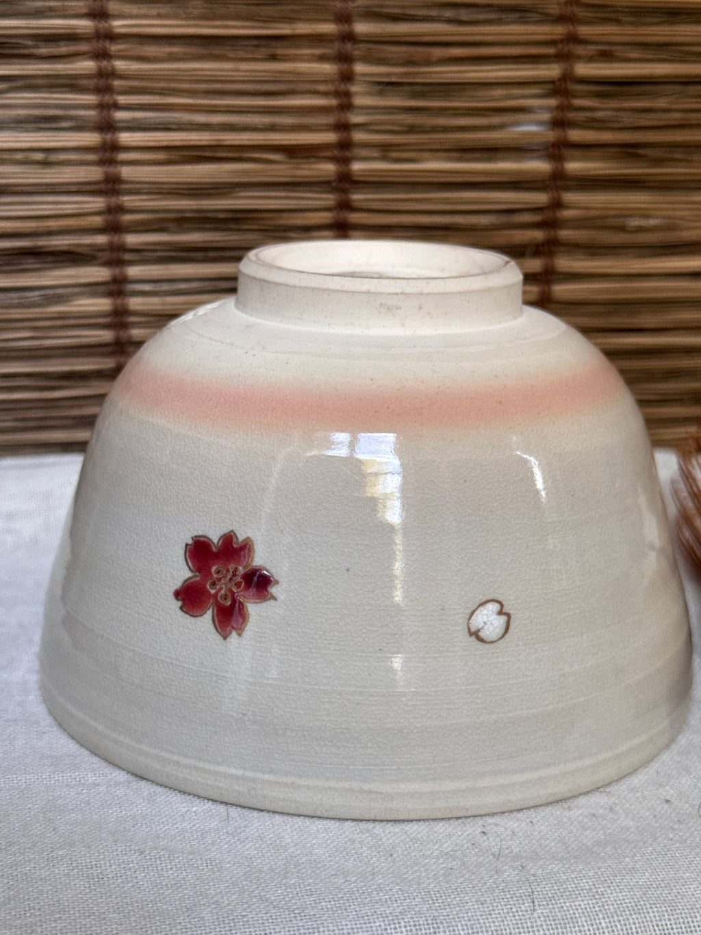 Kiyomizu Kyo-yaki Zenho Matcha Chawan — Hand-Painted Dropping Cherry Blossom, Original Box