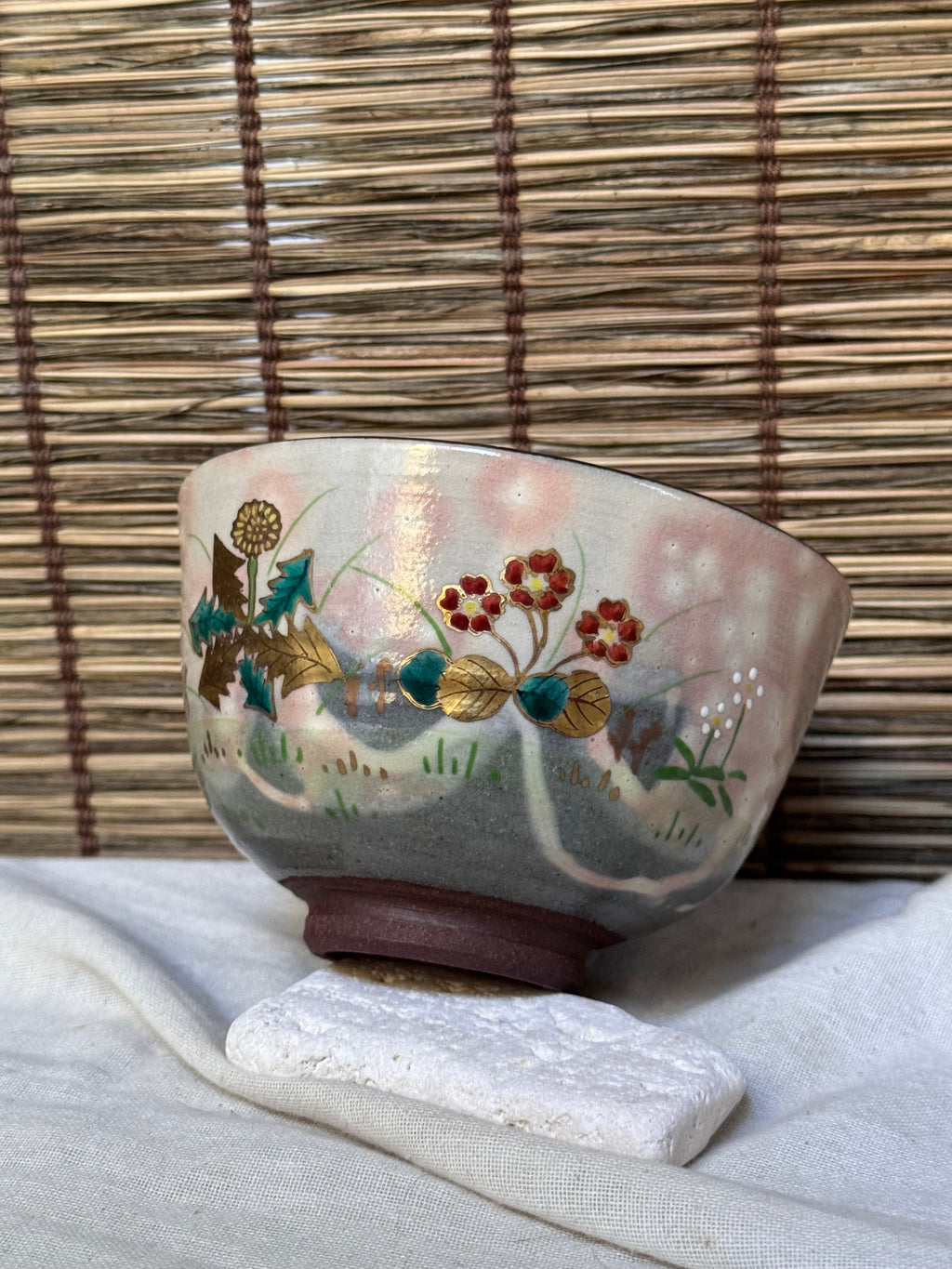 Kyoto Ware Matcha Chawan by Shōkoku (松谷) — Spring Fields in Raised Enamel and Gold, Signed Wooden Box