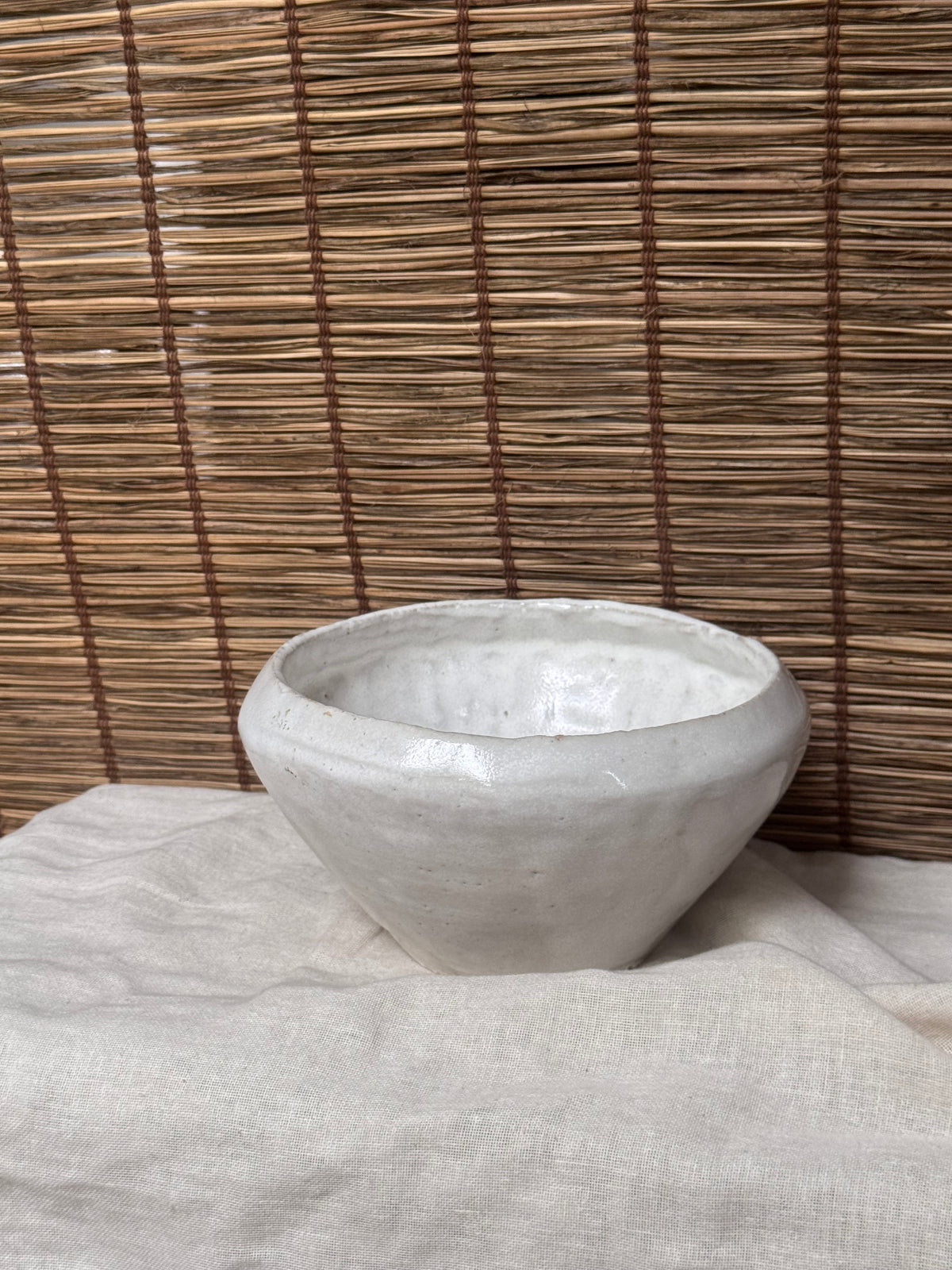 Organic White Glazed Stoneware Bowl — Hand-Formed Tapered Sides, Raw Clay Foot
