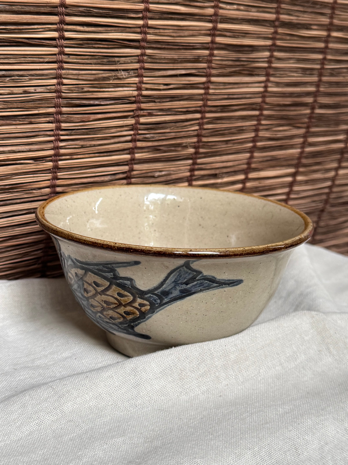 Tsuboya Ryukyu Chawan - Hand-Painted Fish Motif Tea Bowl, Okinawan Pottery