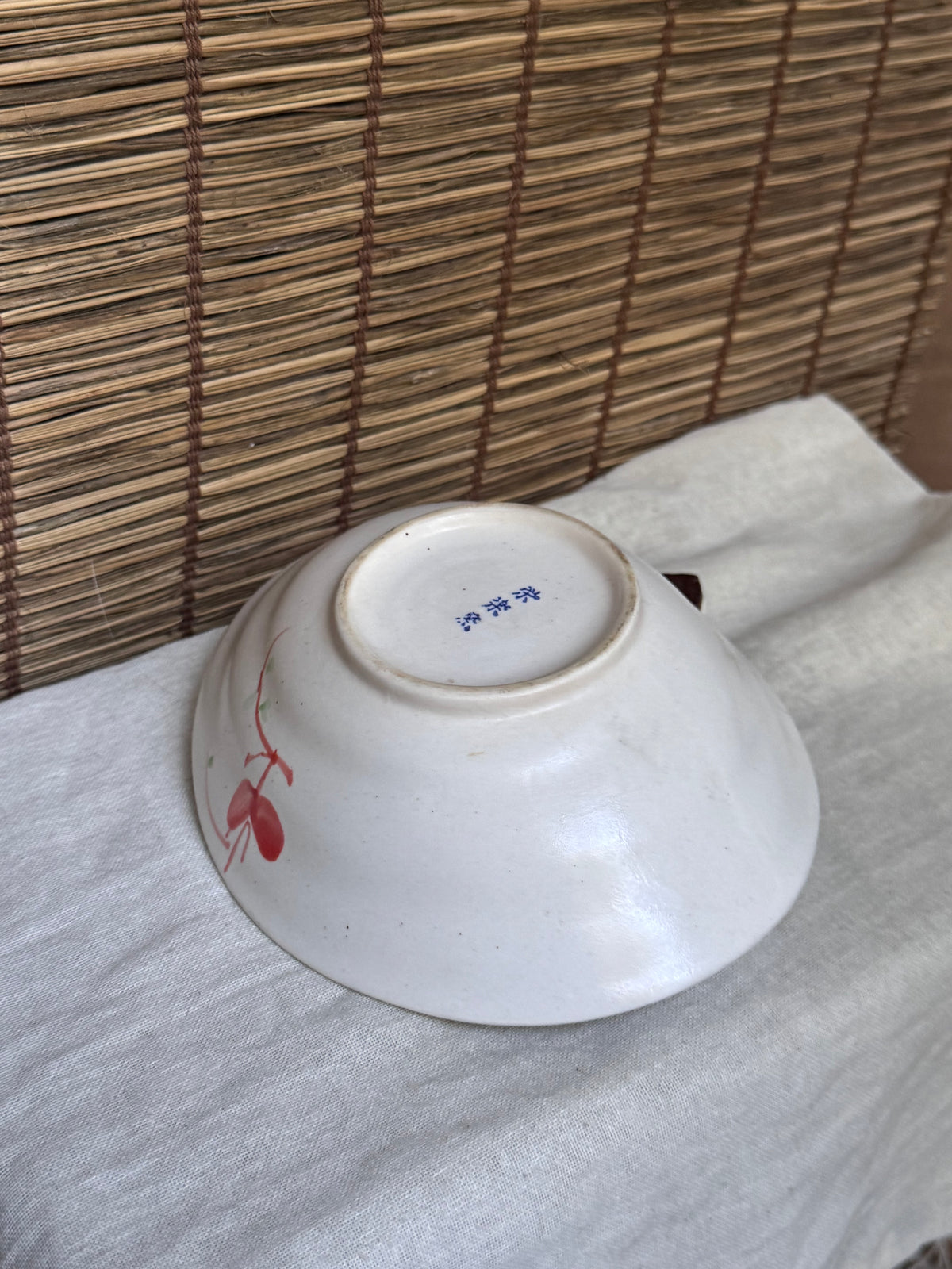 Boat-Shaped Serving Bowl — Hand-Painted Red Blossom Motif, Cream Crackle Glaze