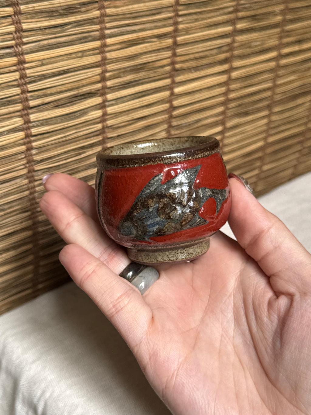 Tsuboya Ware by Kiyomasa Kobashigawa Sake/Tea Cup — Abstract Iron and Copper-Red Glaze, Ryukyu Art