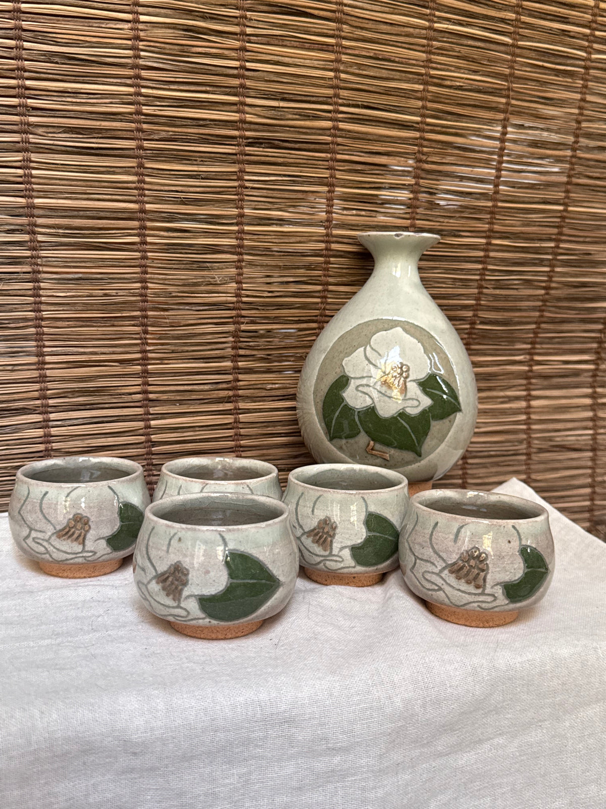 Mino Yaki Celadon Sake Set with Hand-Painted Camellia, Bottle & 6 Cups