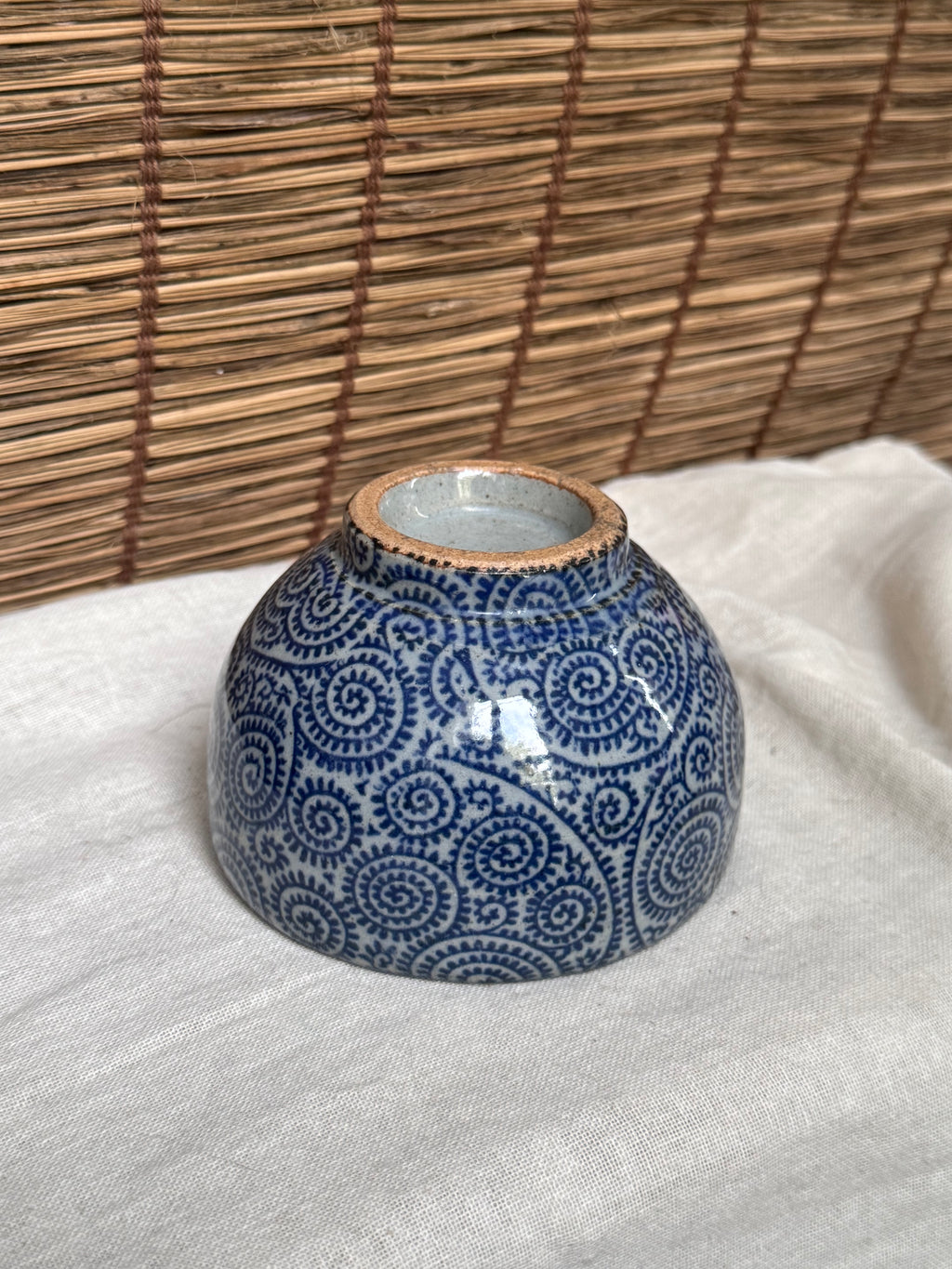 Japanese Mini Chawan - Dense Karakusa Scroll Pattern, Cobalt Blue Underglaze