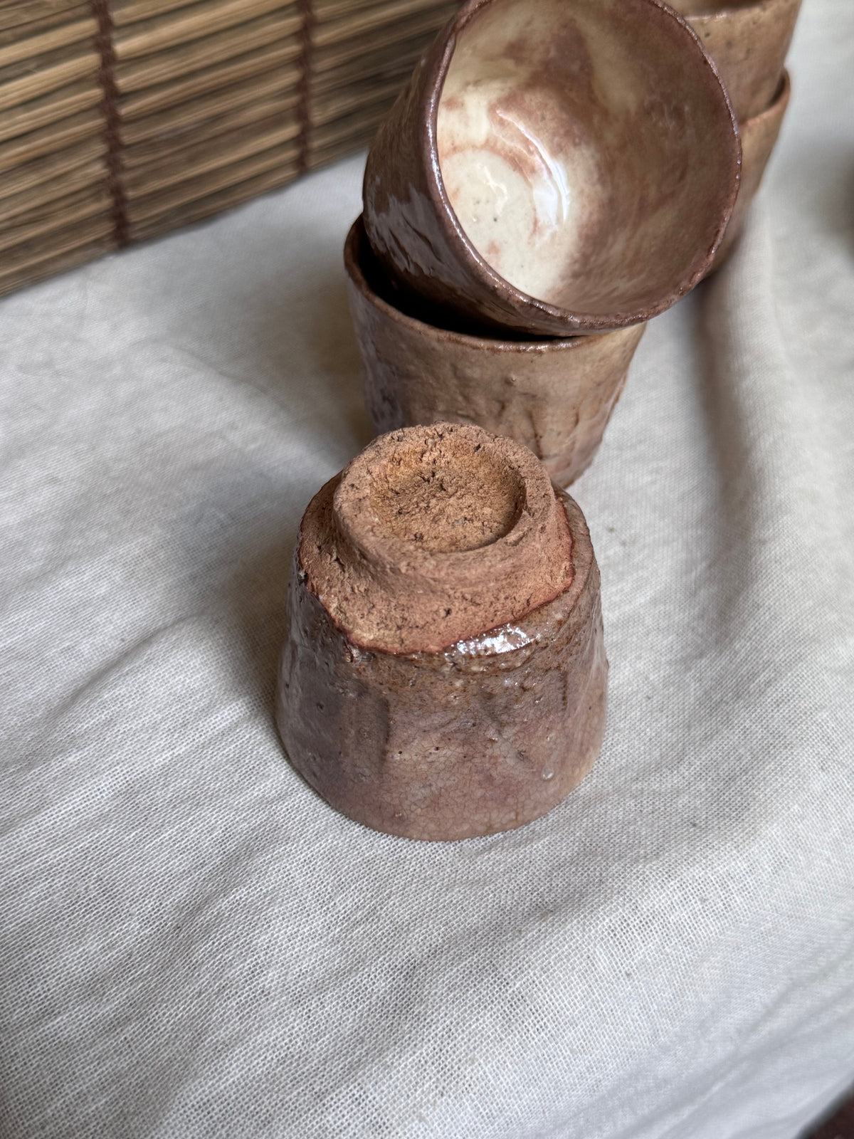 Hagi-yaki Sake Cups, Set of 6 — Blush Pink Ash Glaze, Hand-Built, Unglazed Rim & Foot