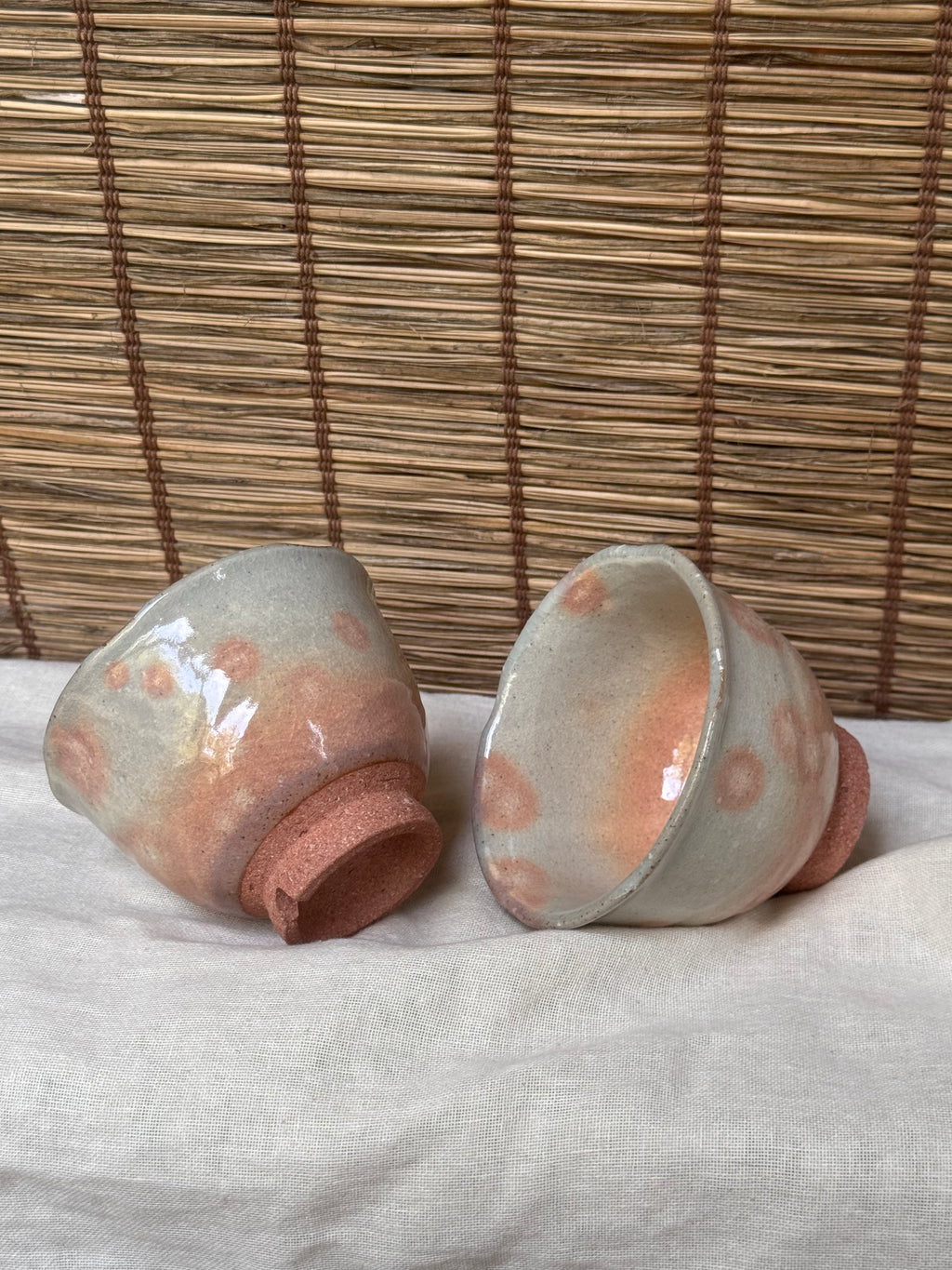 Hagi-Style Yunomi Tea Cups, Pair — Spouted Rim, Twisted Footring with Ash-Spots
