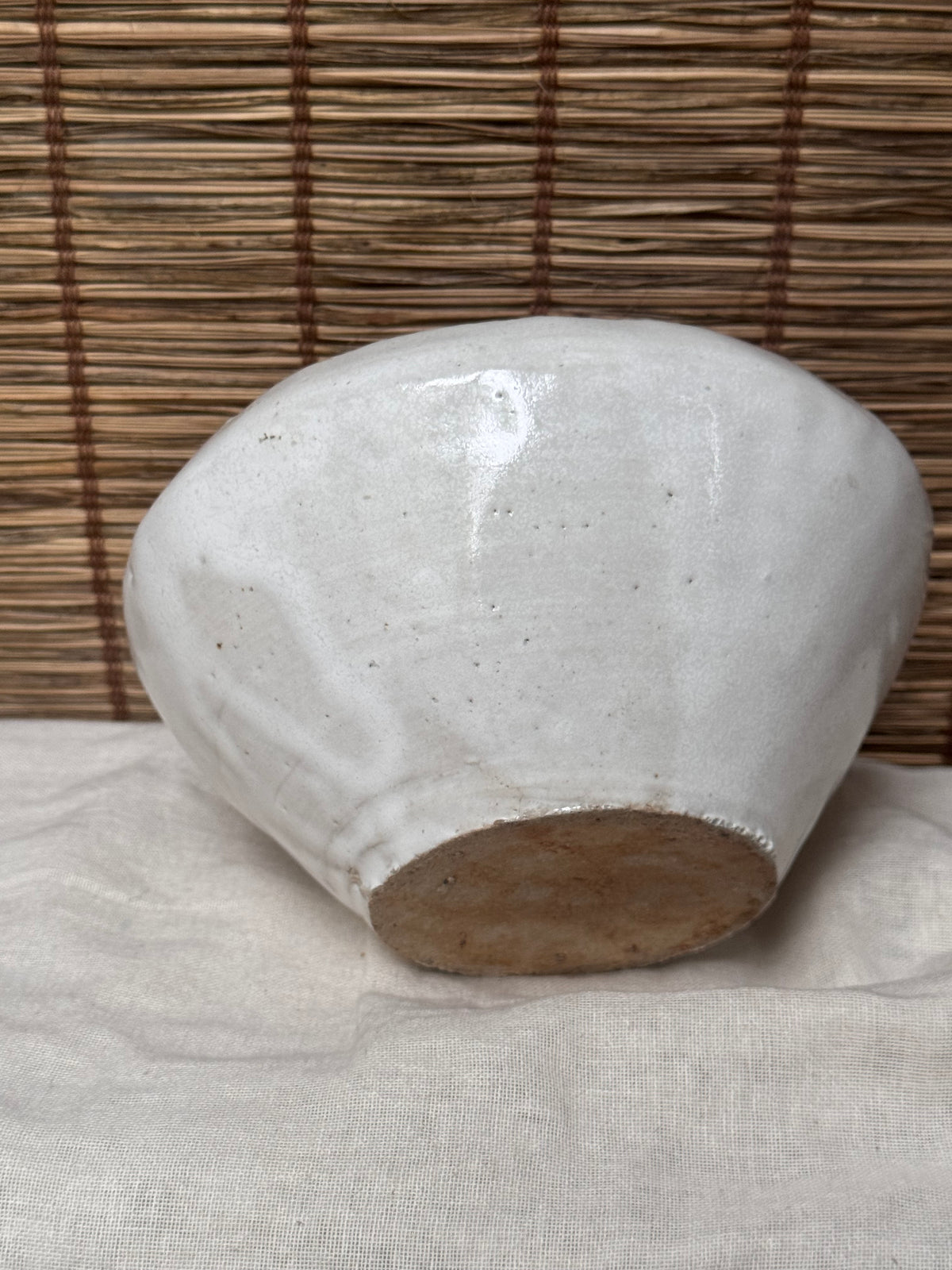 Organic White Glazed Stoneware Bowl — Hand-Formed Tapered Sides, Raw Clay Foot