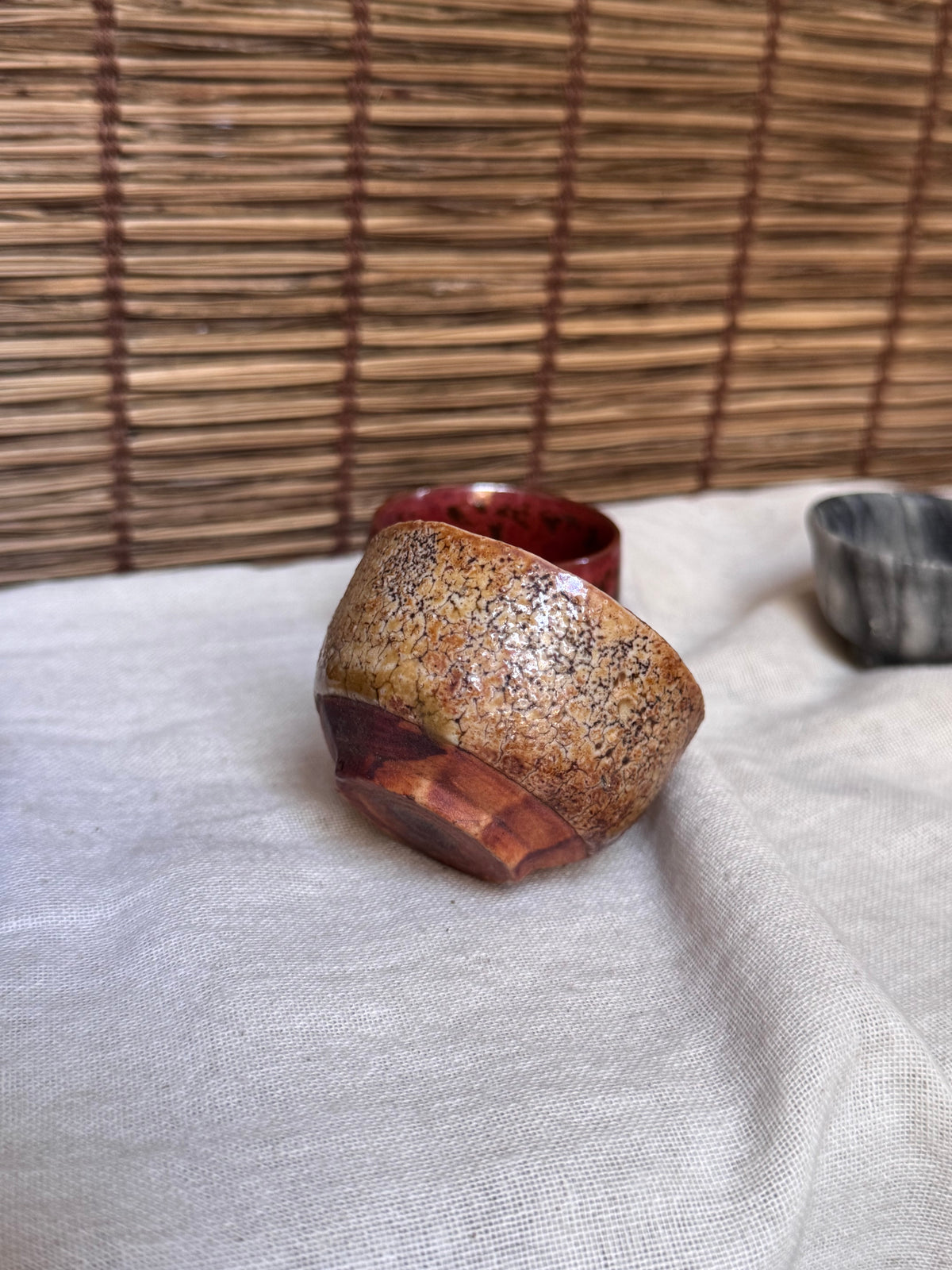 Four Mismatched Guinomi Sake Cups — Cobalt Blue, Crackled Ivory, Marbled Grey, Oxblood Speckle