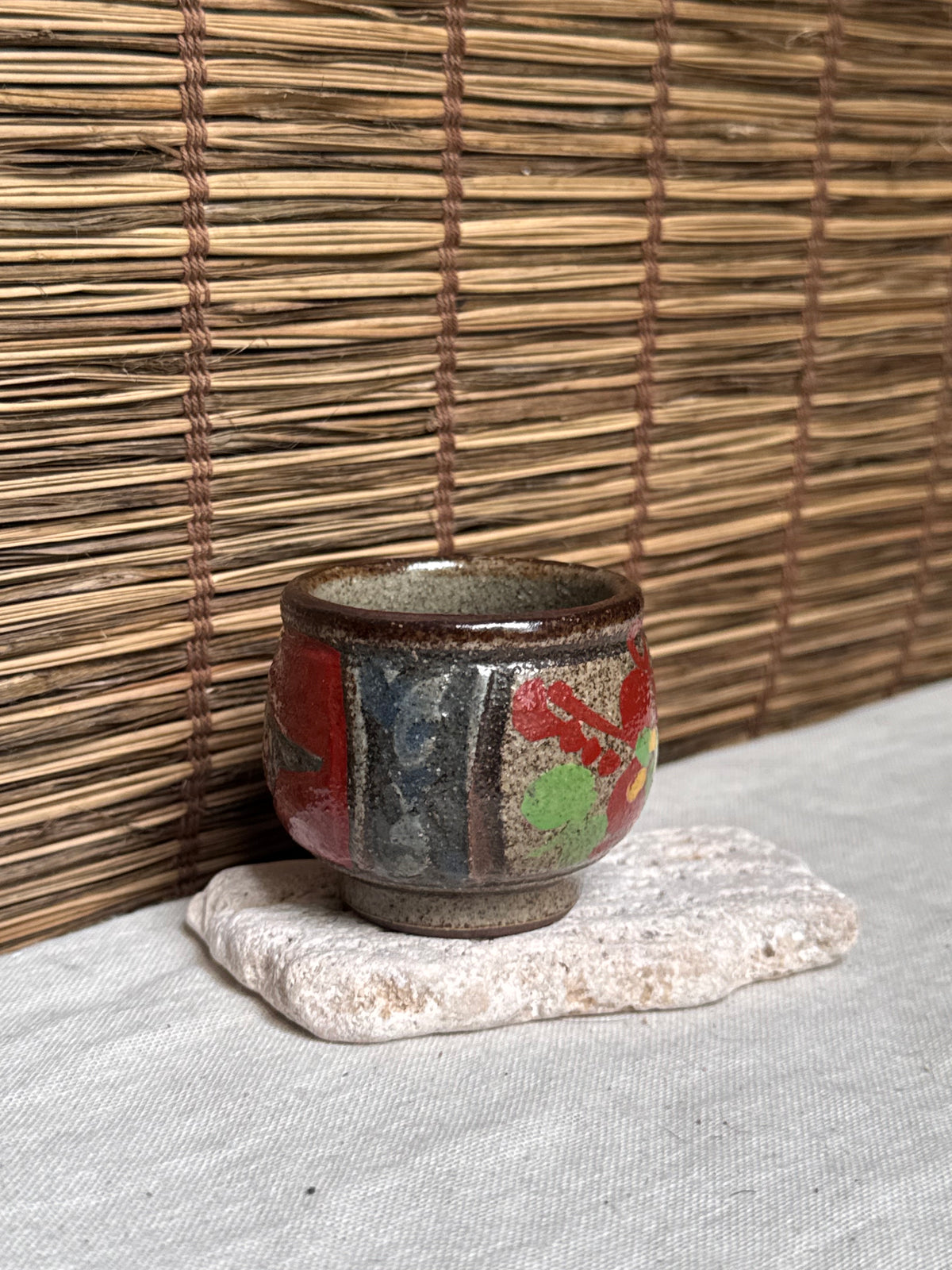 Tsuboya Ware by Kiyomasa Kobashigawa Sake/Tea Cup — Abstract Iron and Copper-Red Glaze, Ryukyu Art