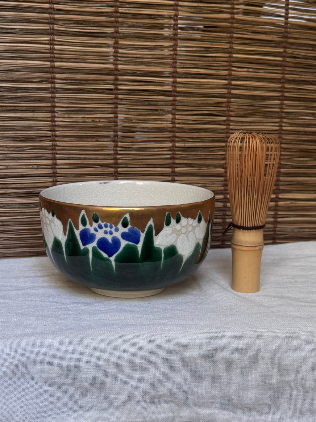 Kutani Ware Matcha Bowl (Chawan) — "Ayame" Iris Motif, Gold Ground, Signed, Wooden Box