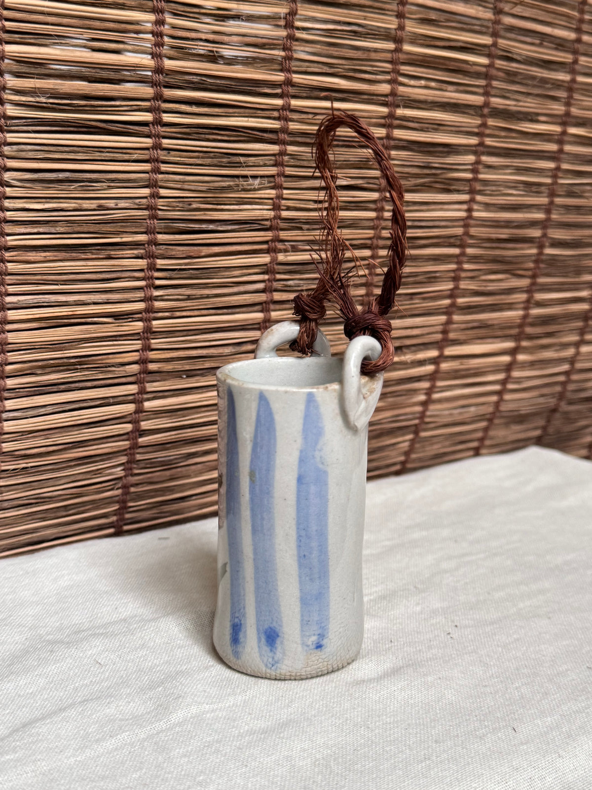 Japanese Mini Hanging Vase with Hand-Painted Leaf and Stripe Design