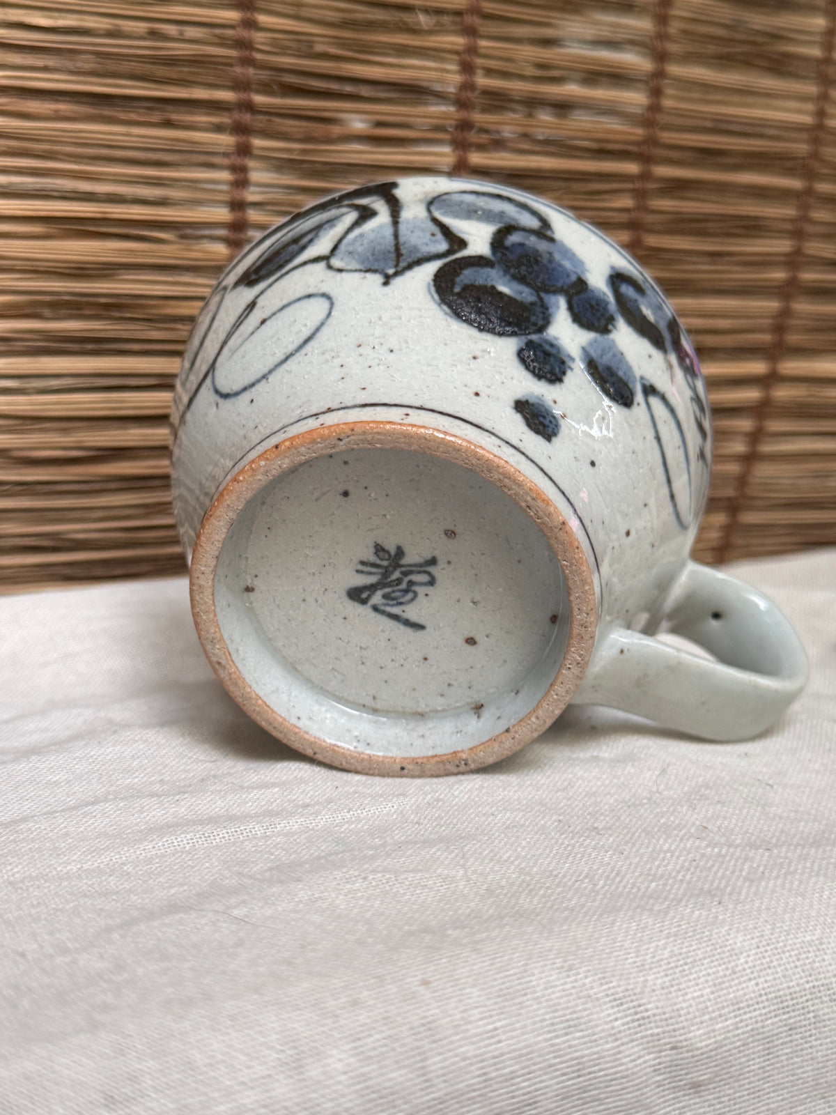 Japanese Hand-Painted Grape Vine Mug, Cobalt & Iron-Brown.