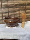 Katakuchi Matcha Bowl — Amber Glaze, Grey Drips, Iron Spots, Pouring Lip