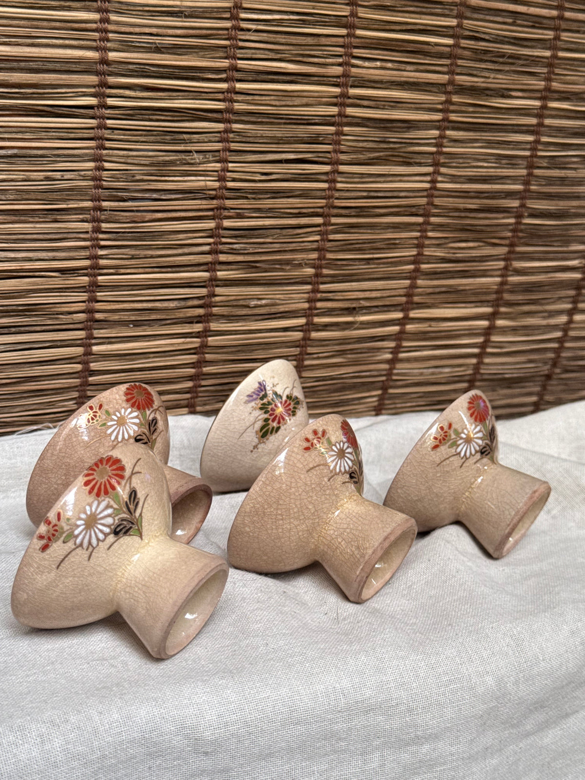 Kutani Ware Footed Sake Cups & Stands, Set of 5 — Hand-Painted Chrysanthemum, Crackle Glaze
