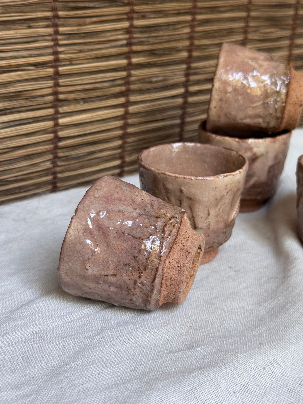 Hagi-yaki Sake Cups, Set of 6 — Blush Pink Ash Glaze, Hand-Built, Unglazed Rim & Foot