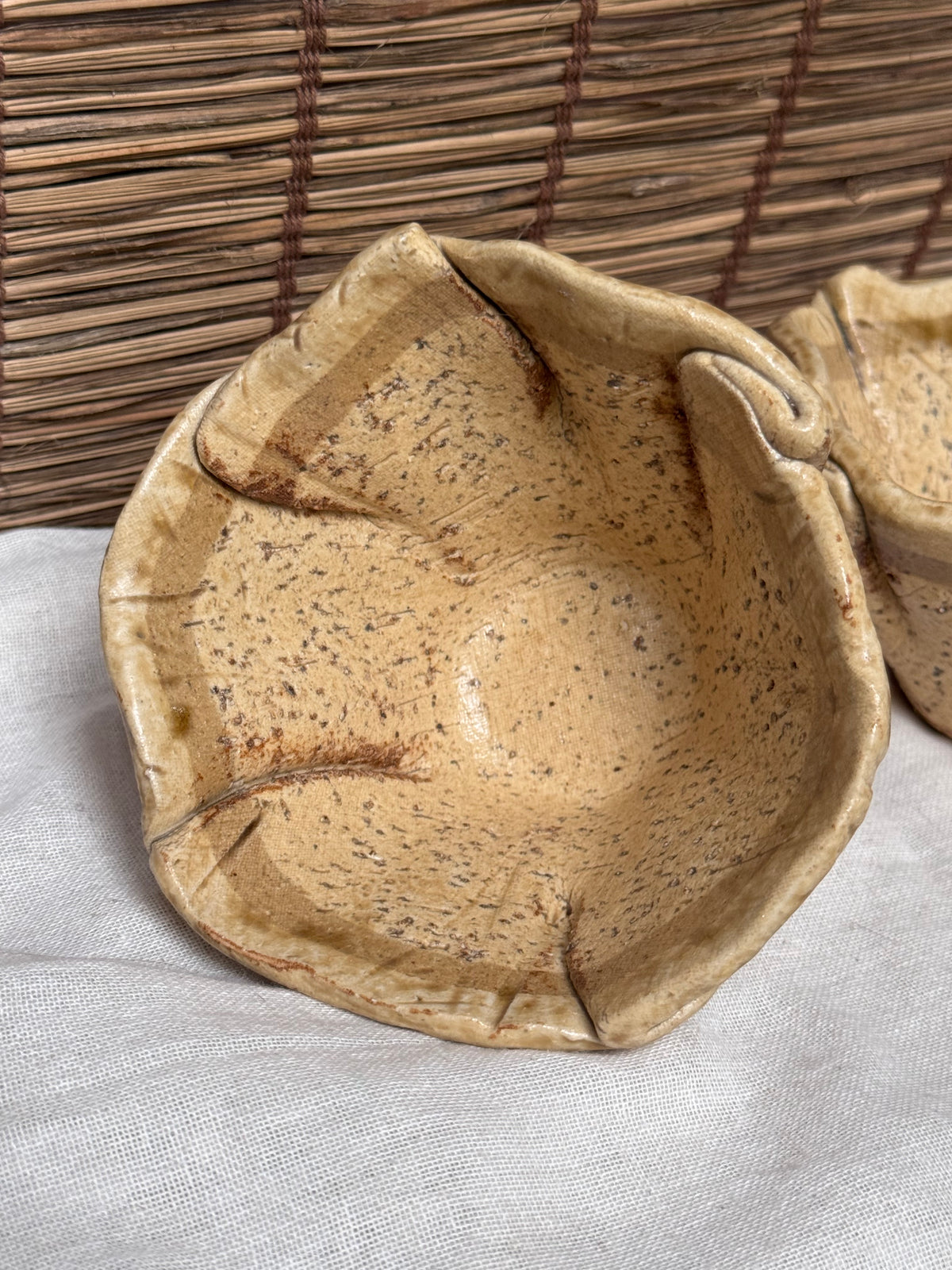 Hand-Built Leaf Bowls - Stamped Artisan Mark, Speckled Glaze, Set of 2