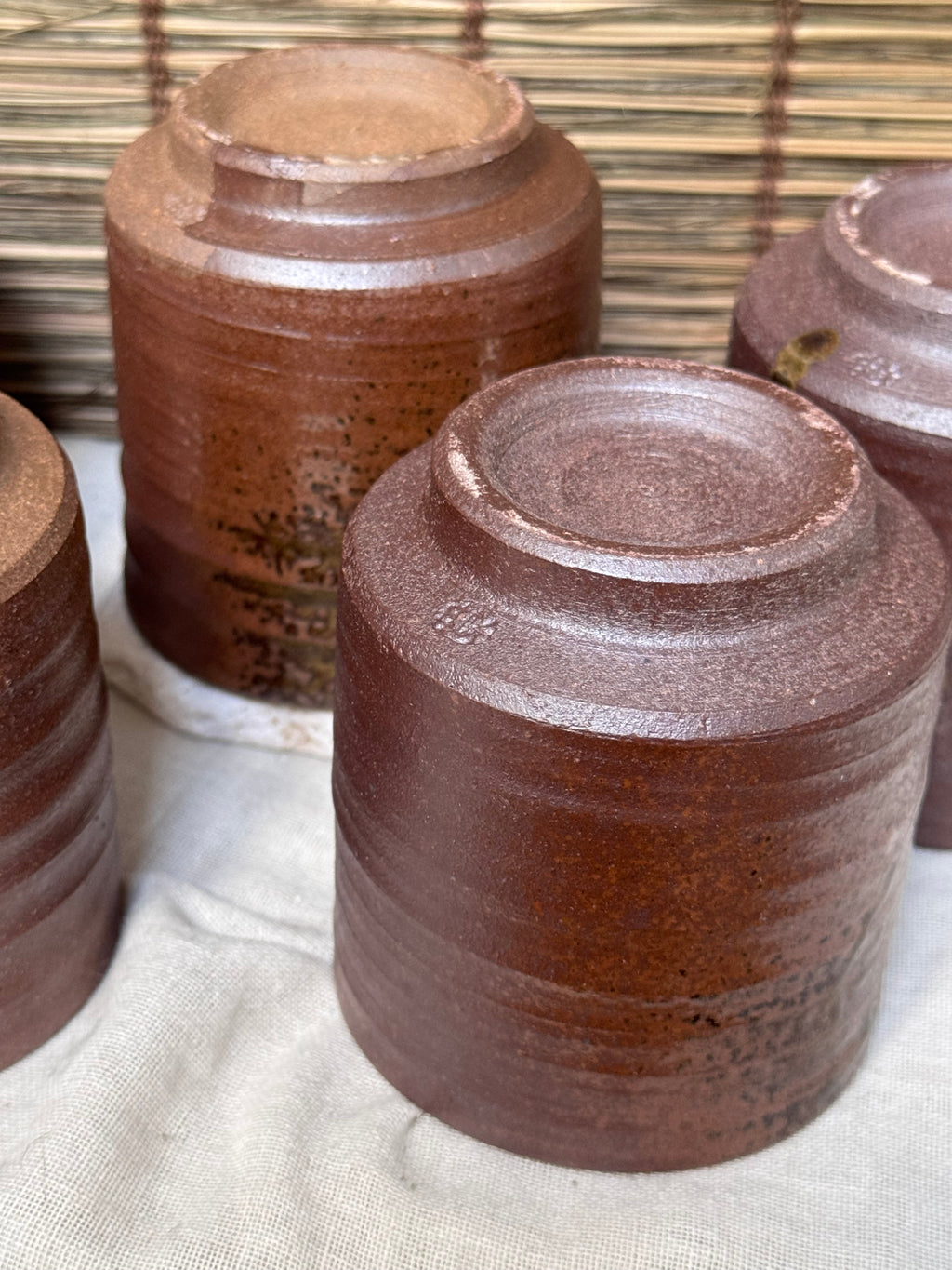 Tamba Ware Teacups (Yunomi), Set of 5 — Olive Ash Glaze Drips, Original Box