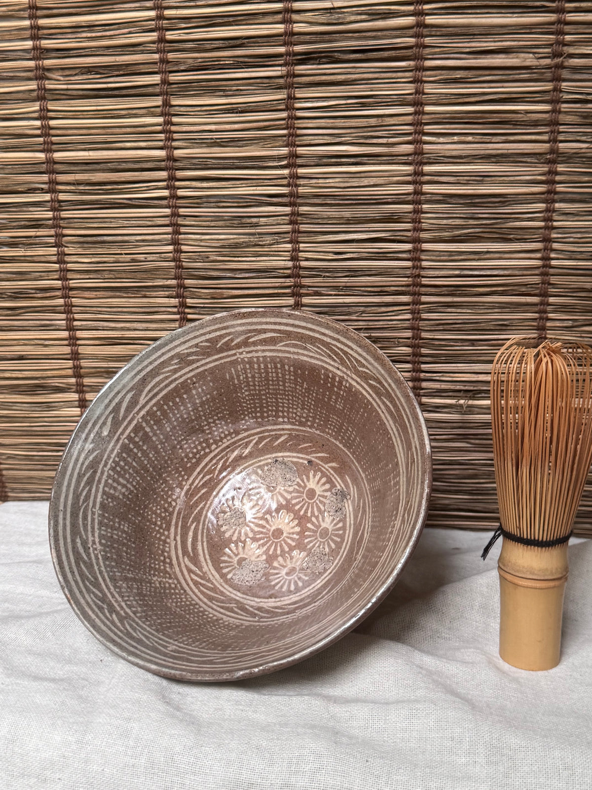 Mishima Matcha Chawan — Inlaid White Slip, Stamped Chrysanthemums, Brushed Slip Exterior