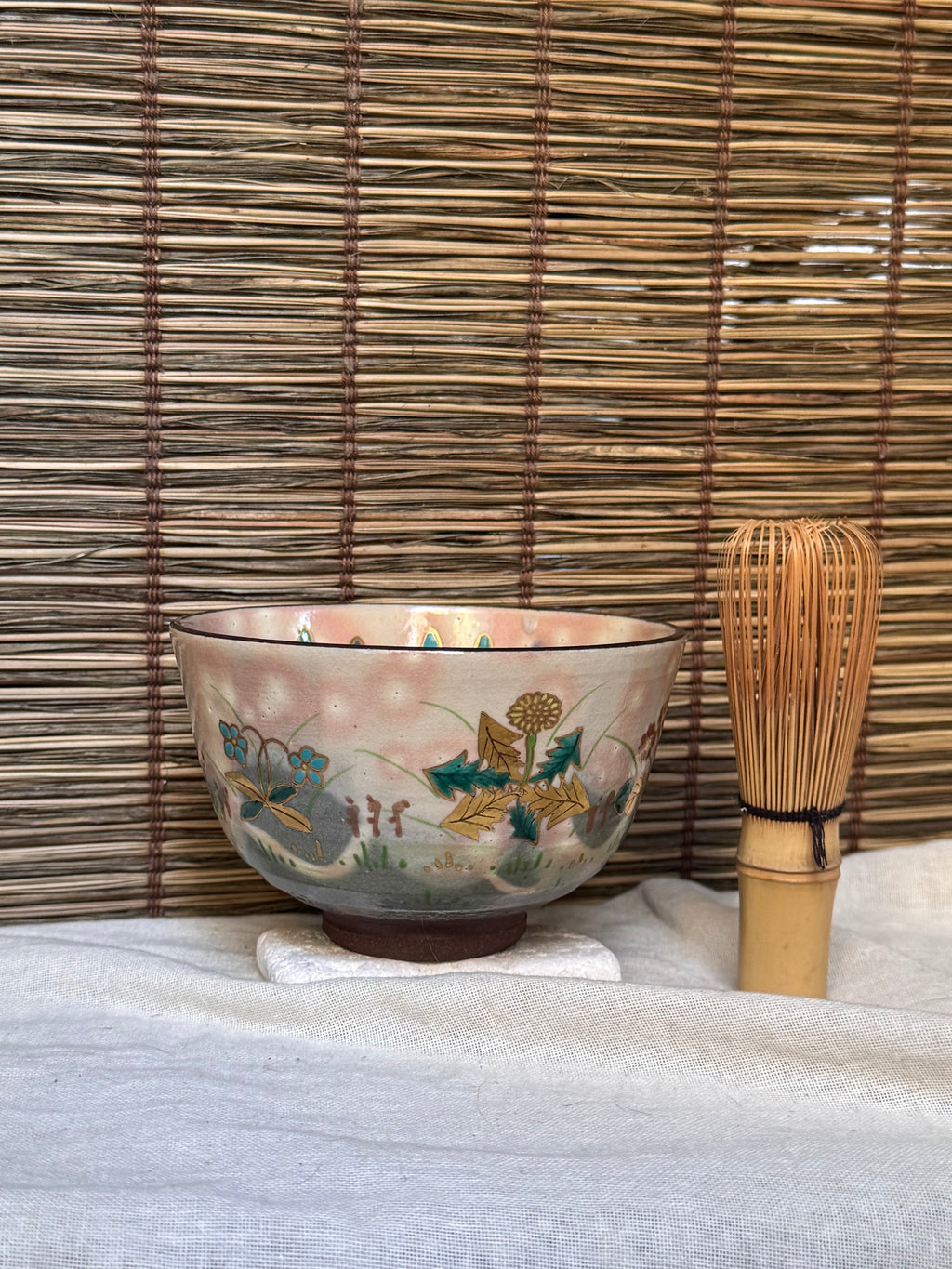 Kyoto Ware Matcha Chawan by Shōkoku (松谷) — Spring Fields in Raised Enamel and Gold, Signed Wooden Box