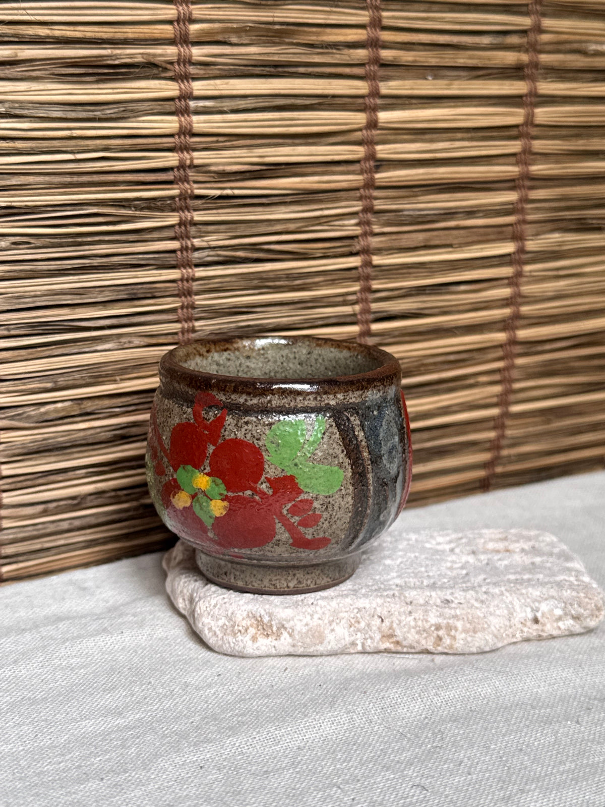 Tsuboya Ware by Kiyomasa Kobashigawa Sake/Tea Cup — Abstract Iron and Copper-Red Glaze, Ryukyu Art