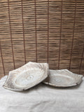 Hexagonal Studio Clip Sunburst Dishes, Pair — Combed Radiating Lines, Spiral Center, Speckled White Glaze