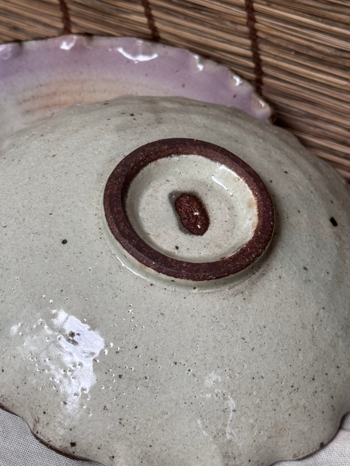 Lavender-Rimmed Scalloped Dishes, Pair — Spiral Throwing Rings, Iron-Brown Wave Edge