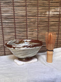 Hakeme Katakuchi Matcha Bowl — Brushed White Slip, Spiral Swirl, Pouring Lip
