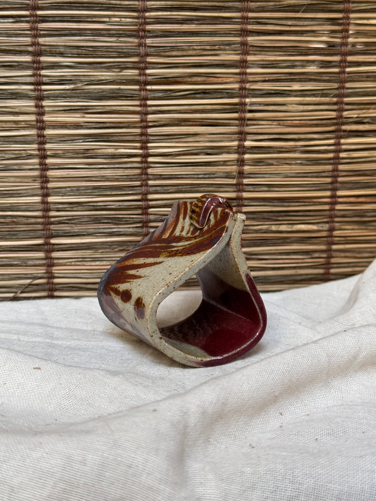 Japanese Futaoki (Lid & Ladle Rest) — Slab-Built, Iron-Painted Grasses, Copper-Red Glaze