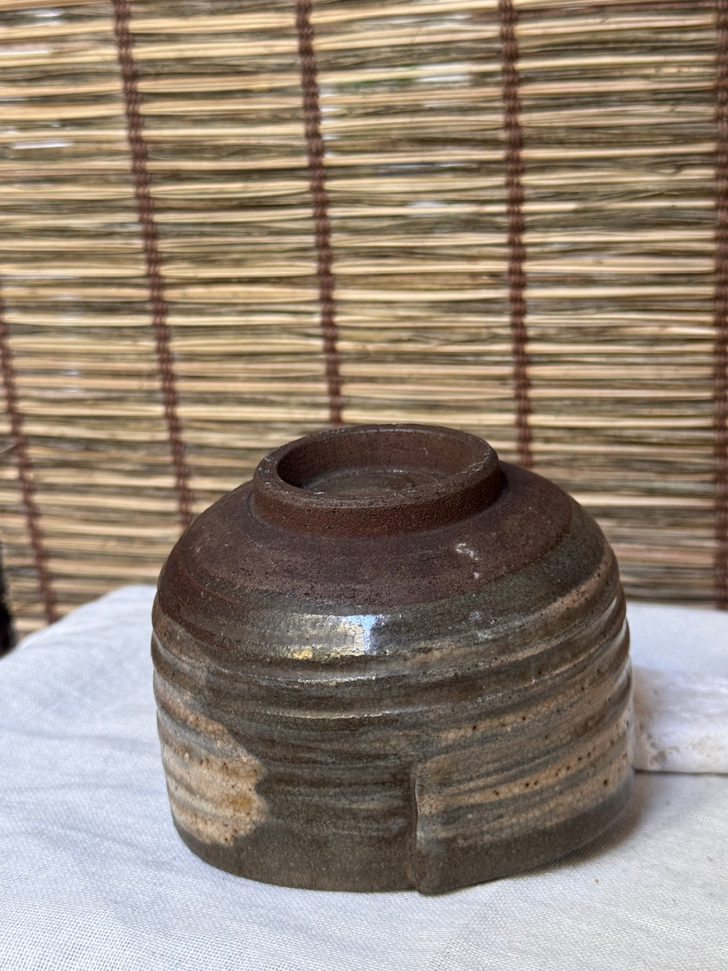Mini Chawan — Iron Glaze with White Panels, Folded Rim