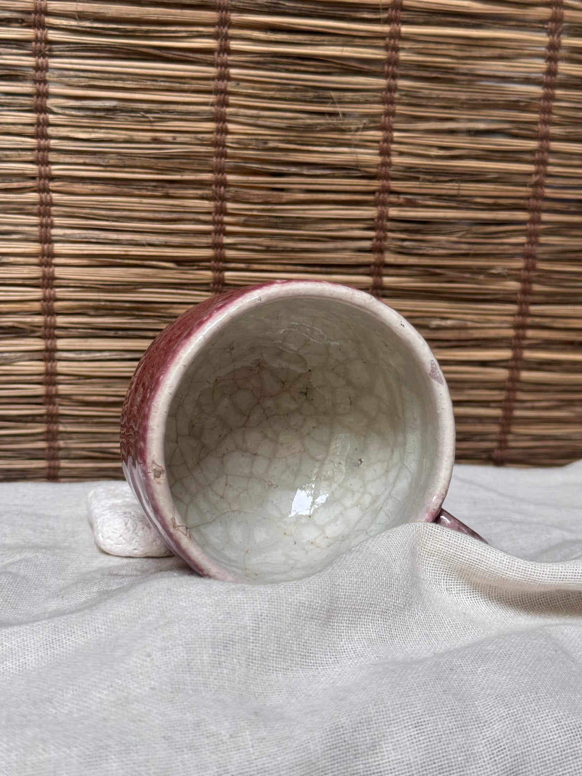 Copper-Red Glazed Studio Mug — Oxblood Drip Glaze, Crackle Interior