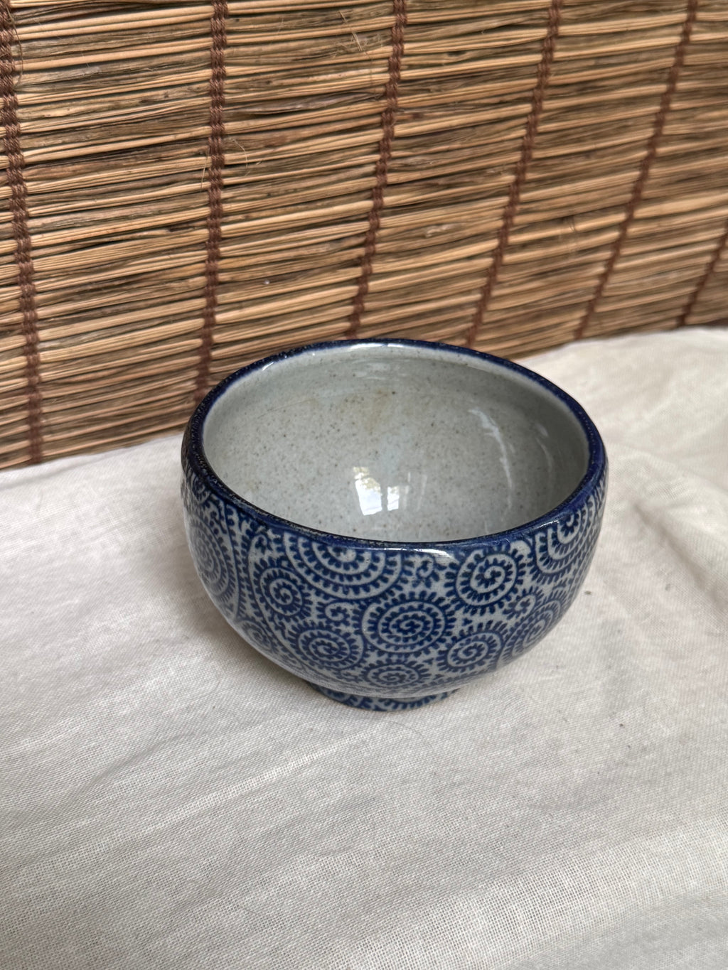Japanese Mini Chawan - Dense Karakusa Scroll Pattern, Cobalt Blue Underglaze