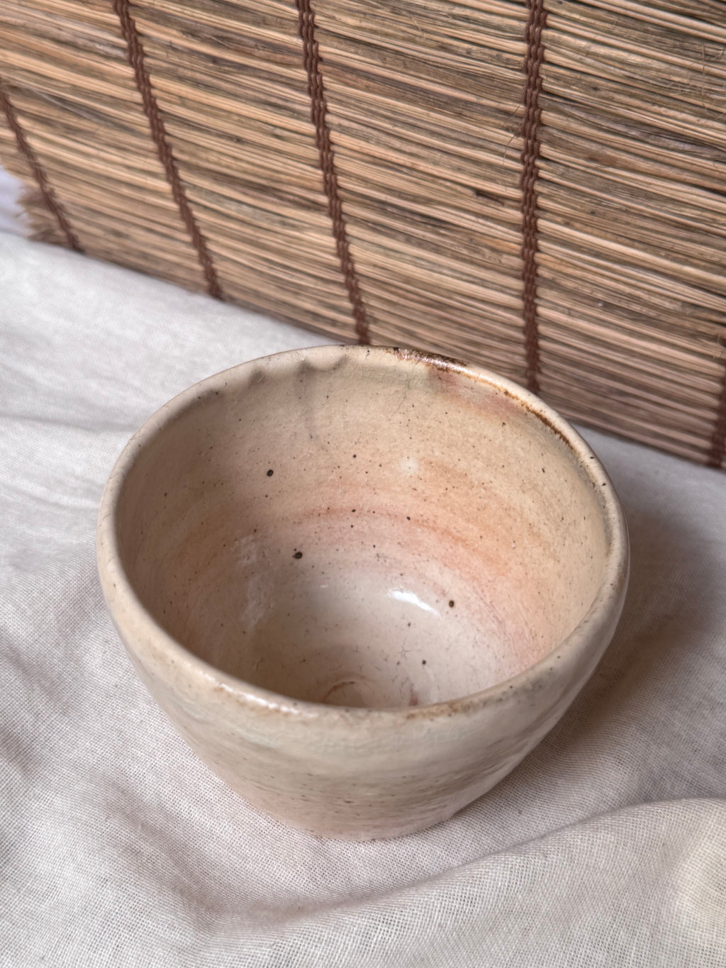 Ido-Style Chawan Cup — Cream Glaze, Spiraled Interior, Kairagi Foot Ring