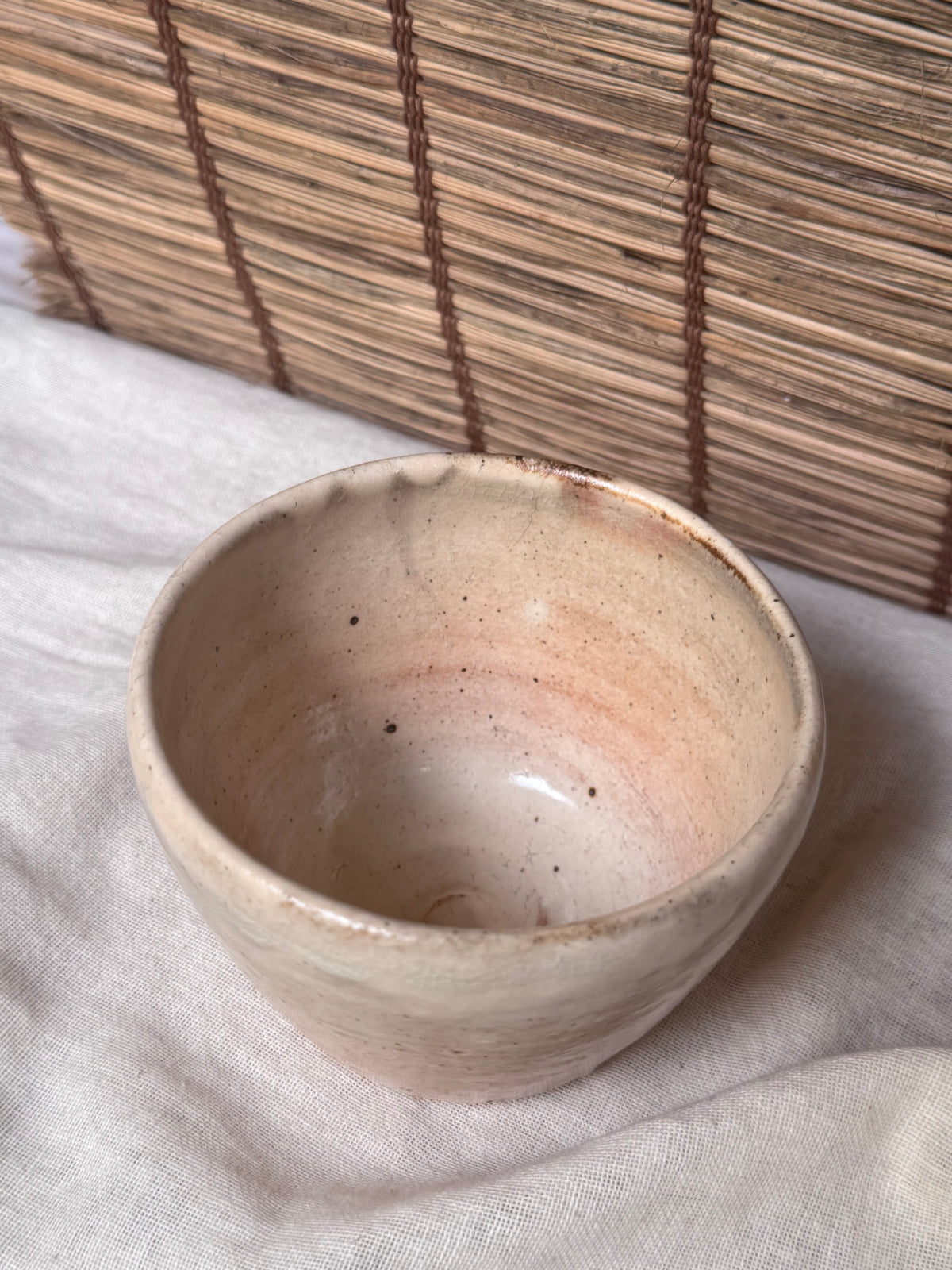 Ido-Style Chawan Cup — Cream Glaze, Spiraled Interior, Kairagi Foot Ring