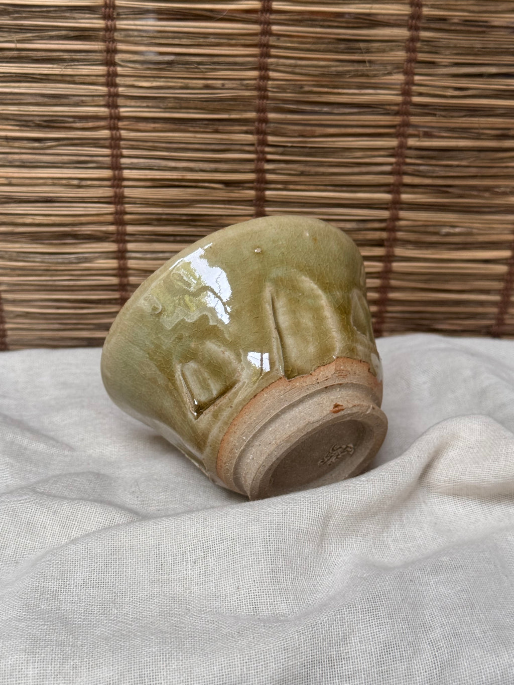 Celadon Cup — Carved Crane, Crackle Glaze, Sealed Base